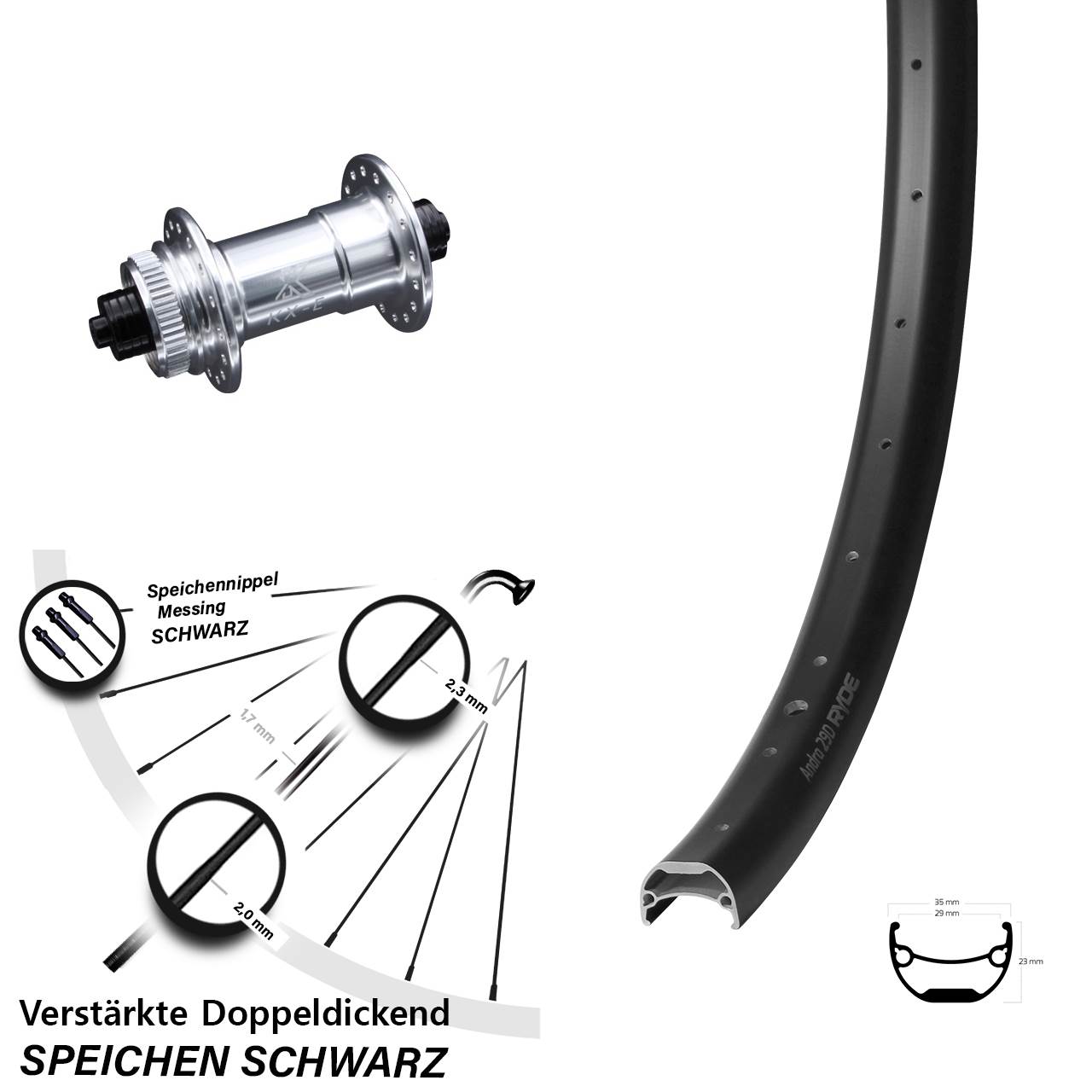 Ryde Andra 29-622 ETRTO E-Bike Vorderrad KX-E Nabe silbern-eloxiert 5x100 mm Centerlock