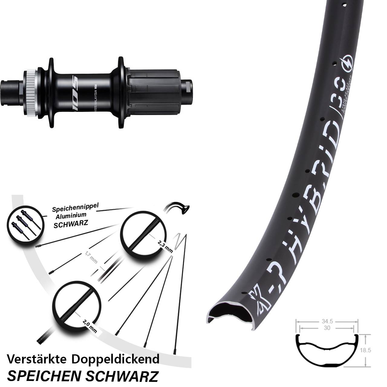 29 Zoll KX-R Hybrid 30 Shimano 105 FH-R7070 Centerlock Hinterrad 12x142 8-12 fach HG