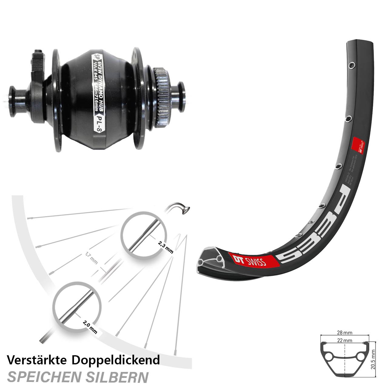 Disc Nabendynamo-Laufrad 29 Zoll DT Swiss 533 D Shutter Precision PL-8 für Schnellspanner