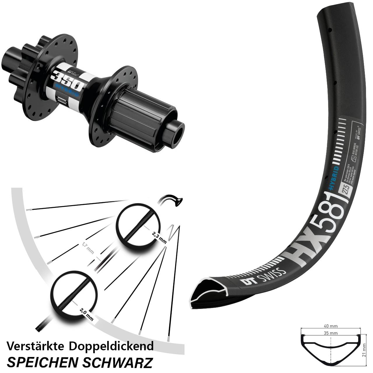 27,5 Zoll HX 581 DT Swiss 350 Hybrid Hinterrad 6-Loch 12x148 Boost 8-11 fach HG