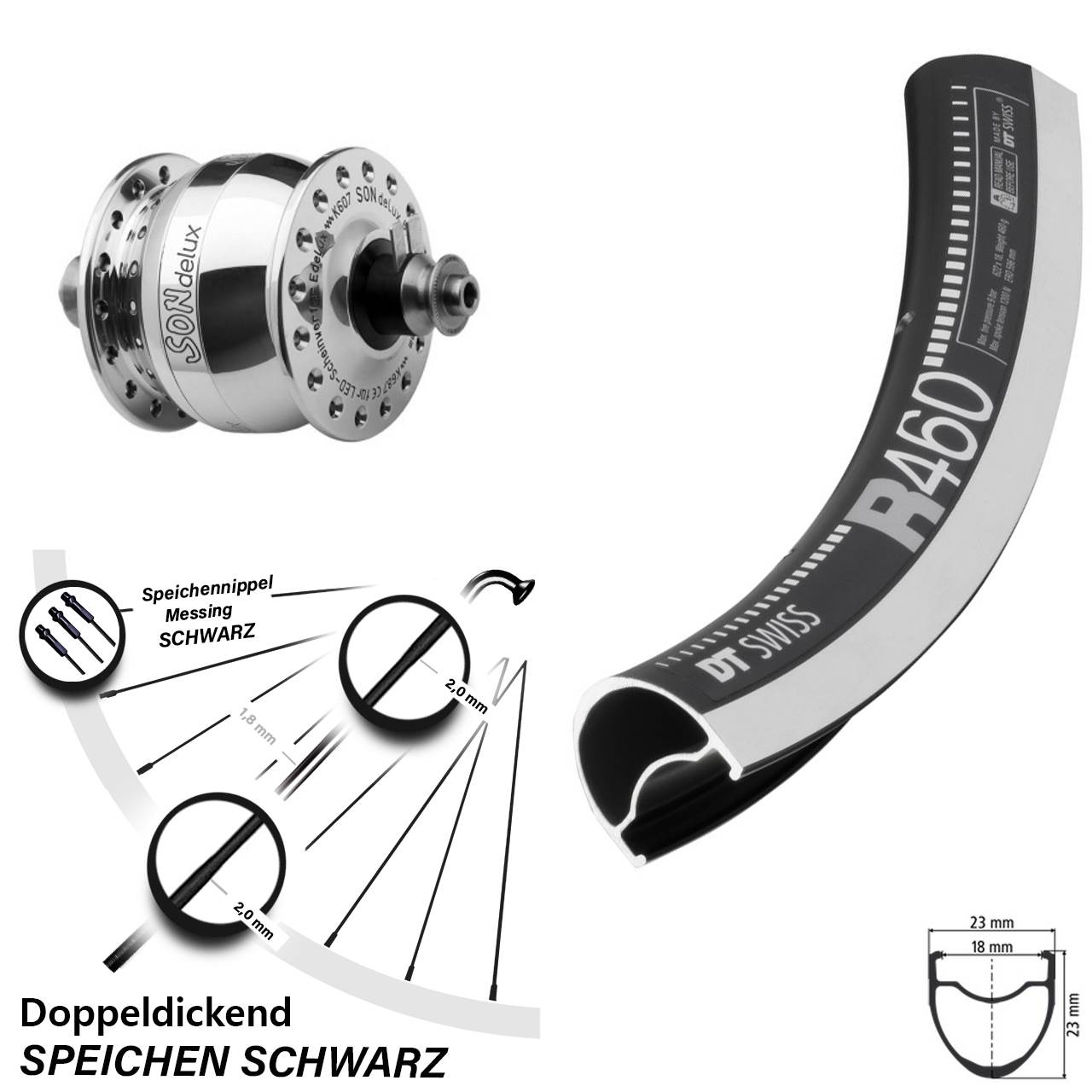 Nabendynamo-Vorderrad 28 Zoll DT Swiss R 460 SONdelux poliert QR
