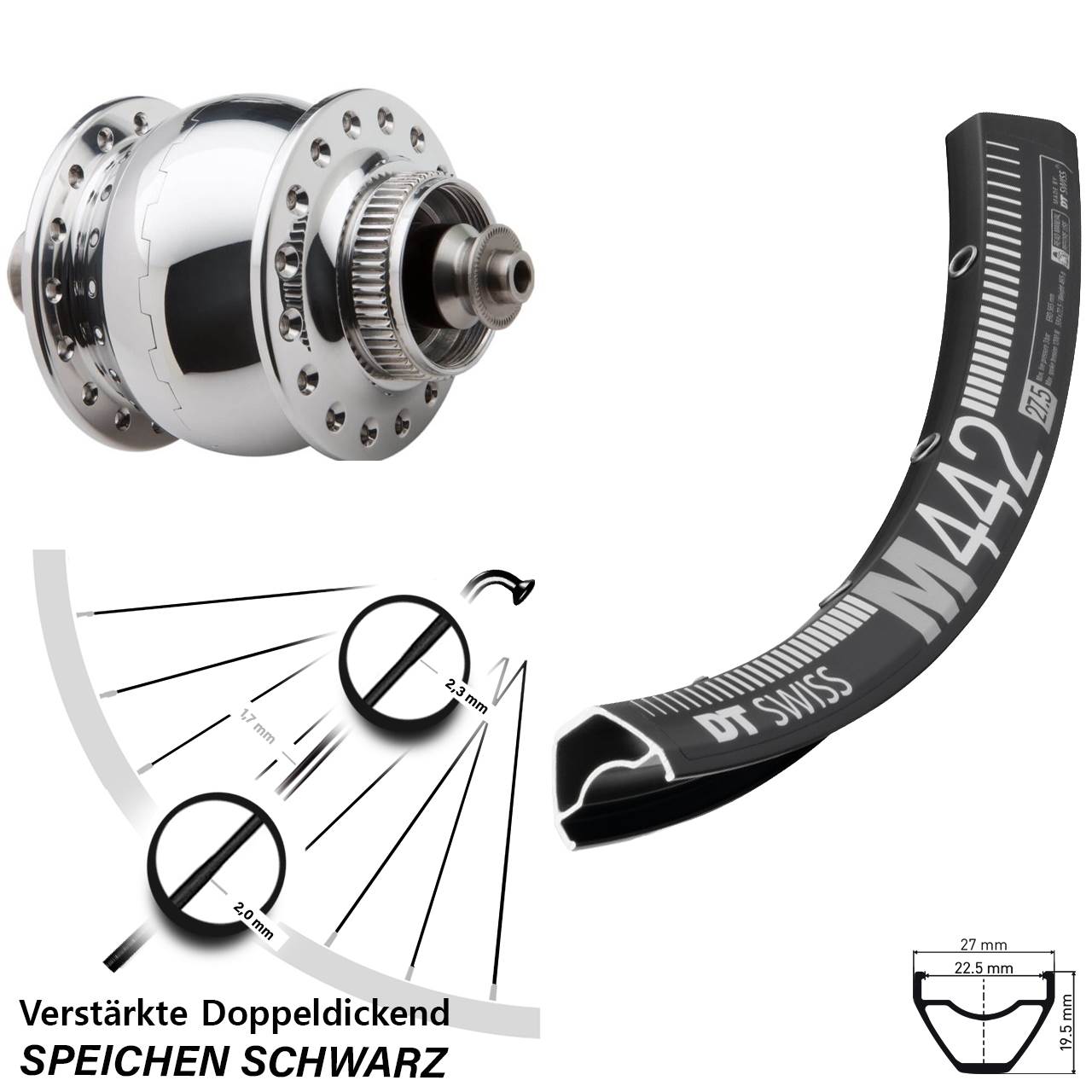 Disc Nabendynamo-Laufrad DT Swiss M 442 SON 28 Zoll QR