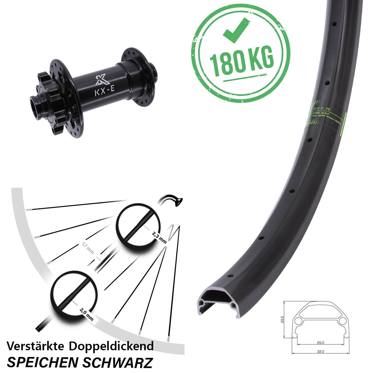 KX Evo Lastenrad Heavy Duty 26 Zoll Vorderrad 6-Loch 15x110 Boost