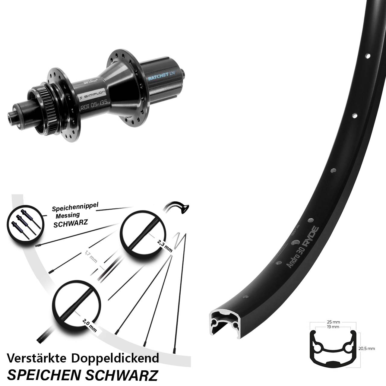 Ryde Andra 30 DT Swiss 370 Hybrid 28 Zoll Disc Hinterrad für Schnellspanner 8-11 fach