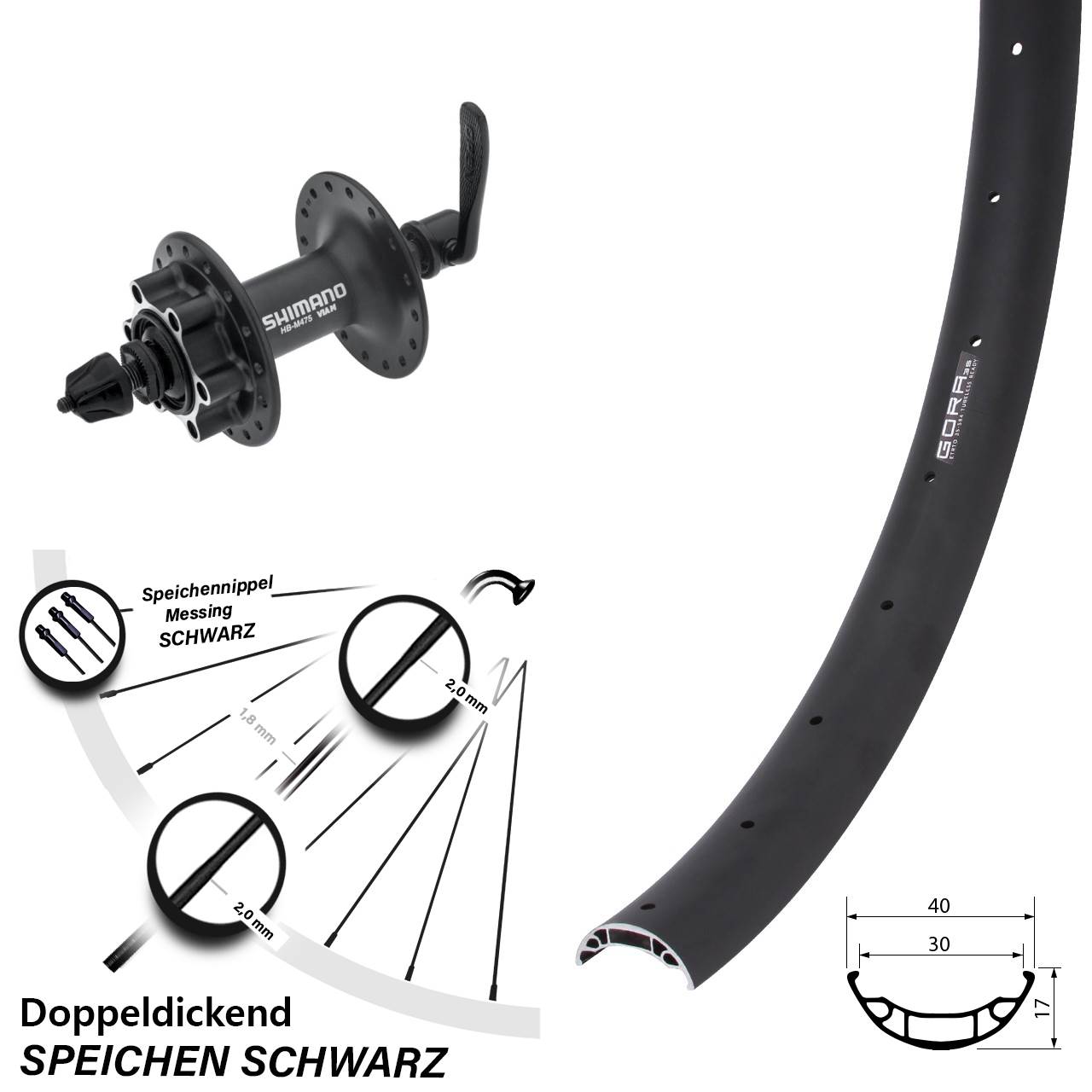 27,5 Zoll Gora 35 Shimano HB-M475 Vorderrad 6-Loch QR