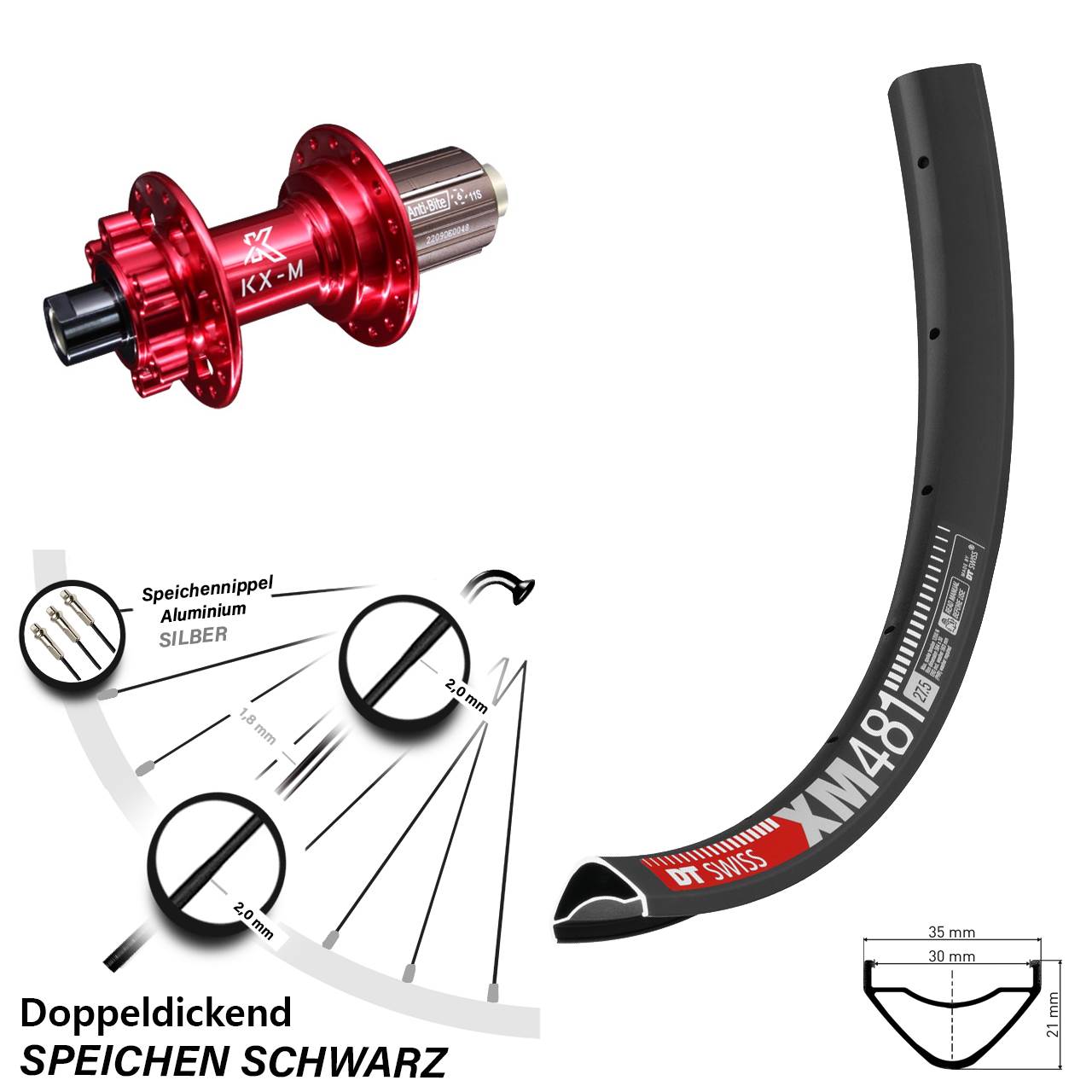 Hinterrad 6-Loch 27,5 Zoll DT Swiss XM481 KX-M rot 8-12 fach 12x142
