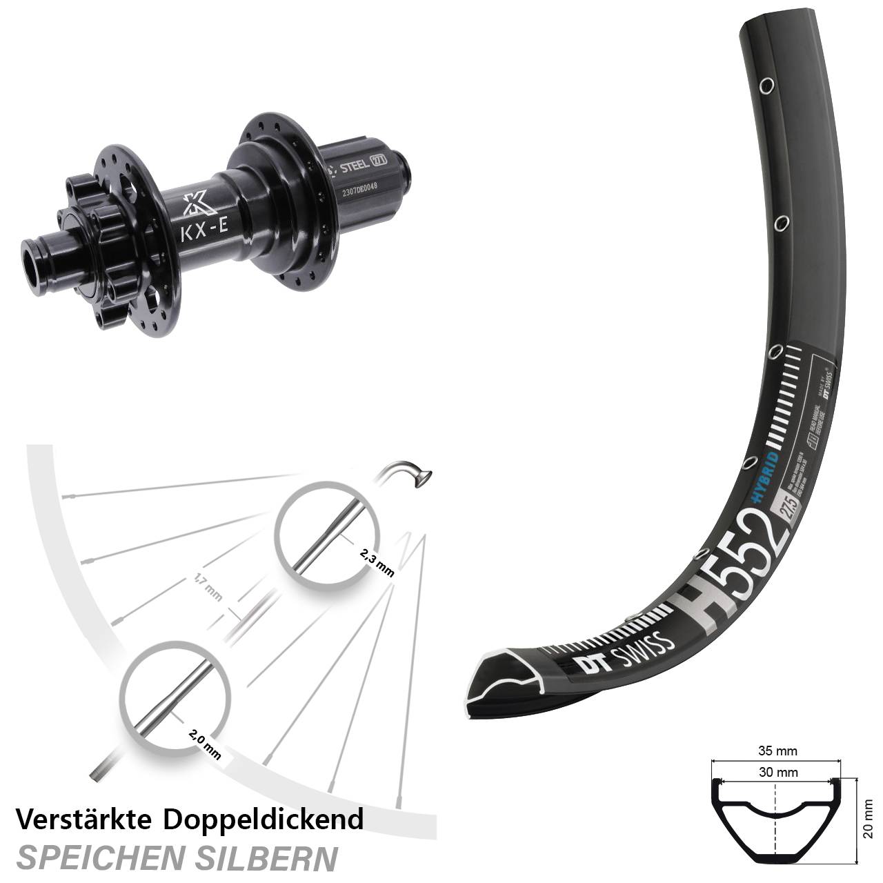 Boost Hinterrad 6-Loch 12x148 29 Zoll DT Swiss H 552 KX-E Stahl Freilauf 8-12 fach