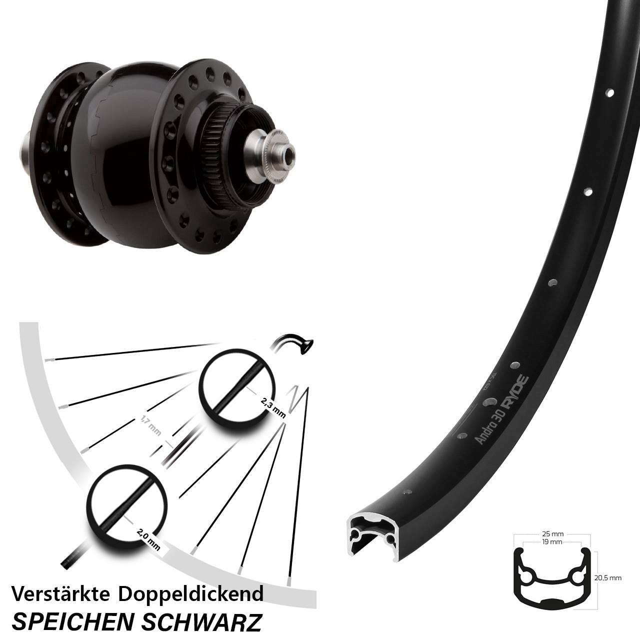 28 Zoll Ryde Andra 30 SON 28 Centerlock Vorderrad mit Nabendynamo QR