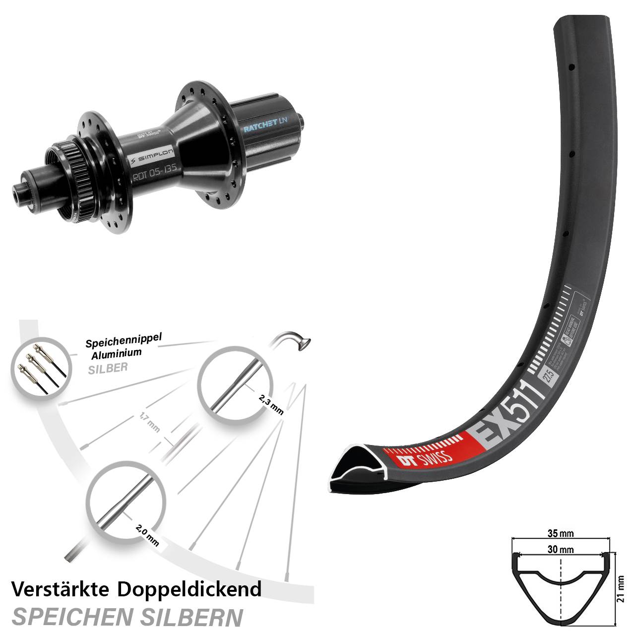 Disc Hinterrad 29 Zoll DT Swiss EX511-370 Hybrid 8-11 fach HG für Schnellspanner