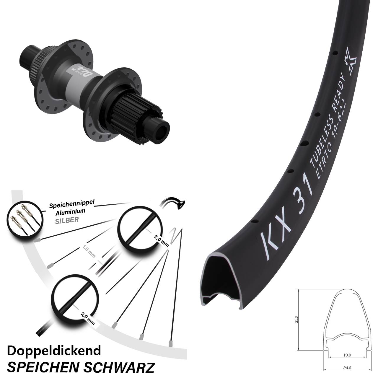 KX 31 DT Swiss 370 28 Zoll Centerlock Hinterrad 12x142 Micro Spline