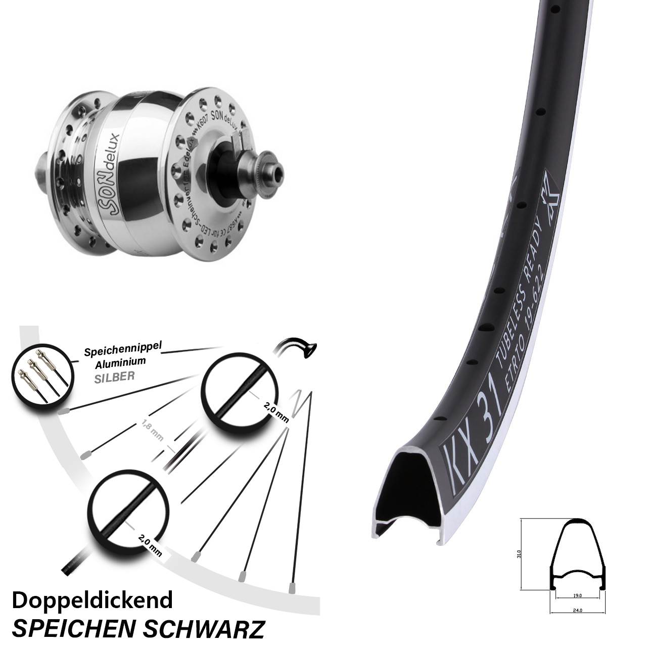 Nabendynamolaufrad QR 28 Zoll KX 31 SON delux