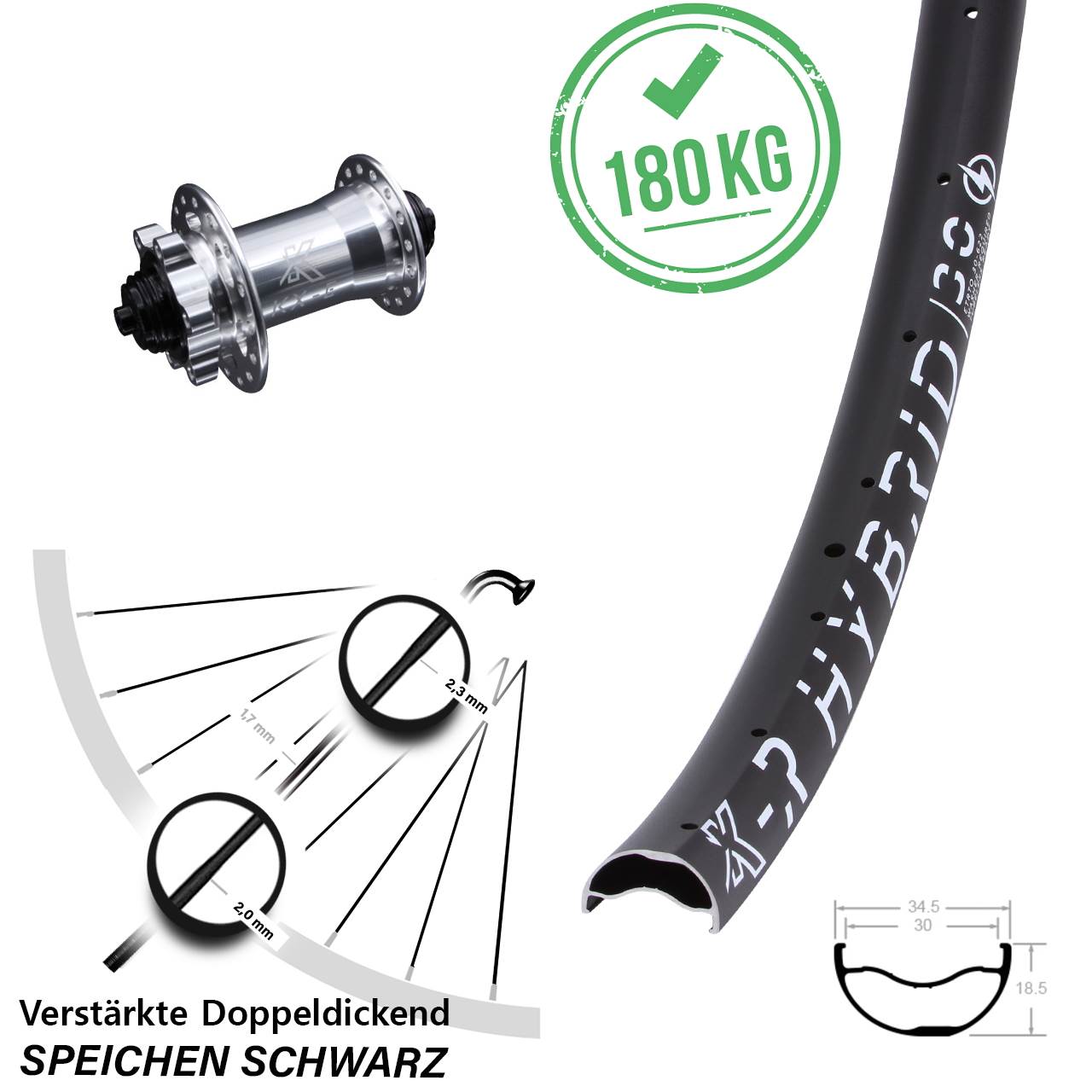 29 Zoll Vorderrad E-Bike silbern breit KX-ER Hybrid 30 Disc Schnellspanner verstärkt