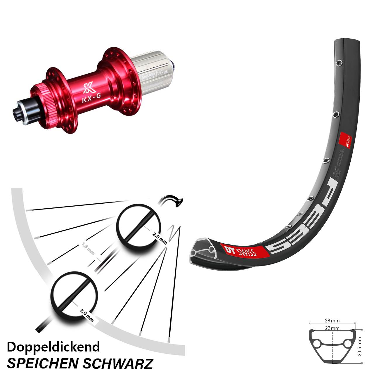 26 Zoll Hinterrad DT Swiss 533d KX-G rot 8-12 fach