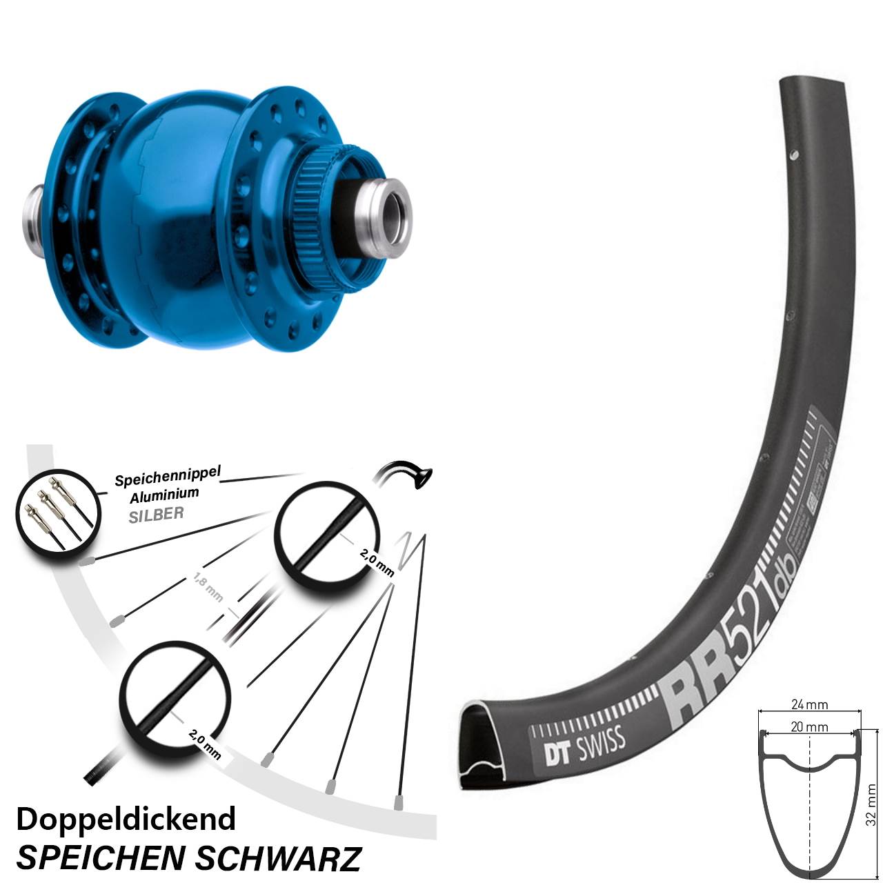 Dynamo Son Centerlock blau DT Swiss RR 521 Disc Vorderrad 28 Zoll Steckachse 12x100 mm