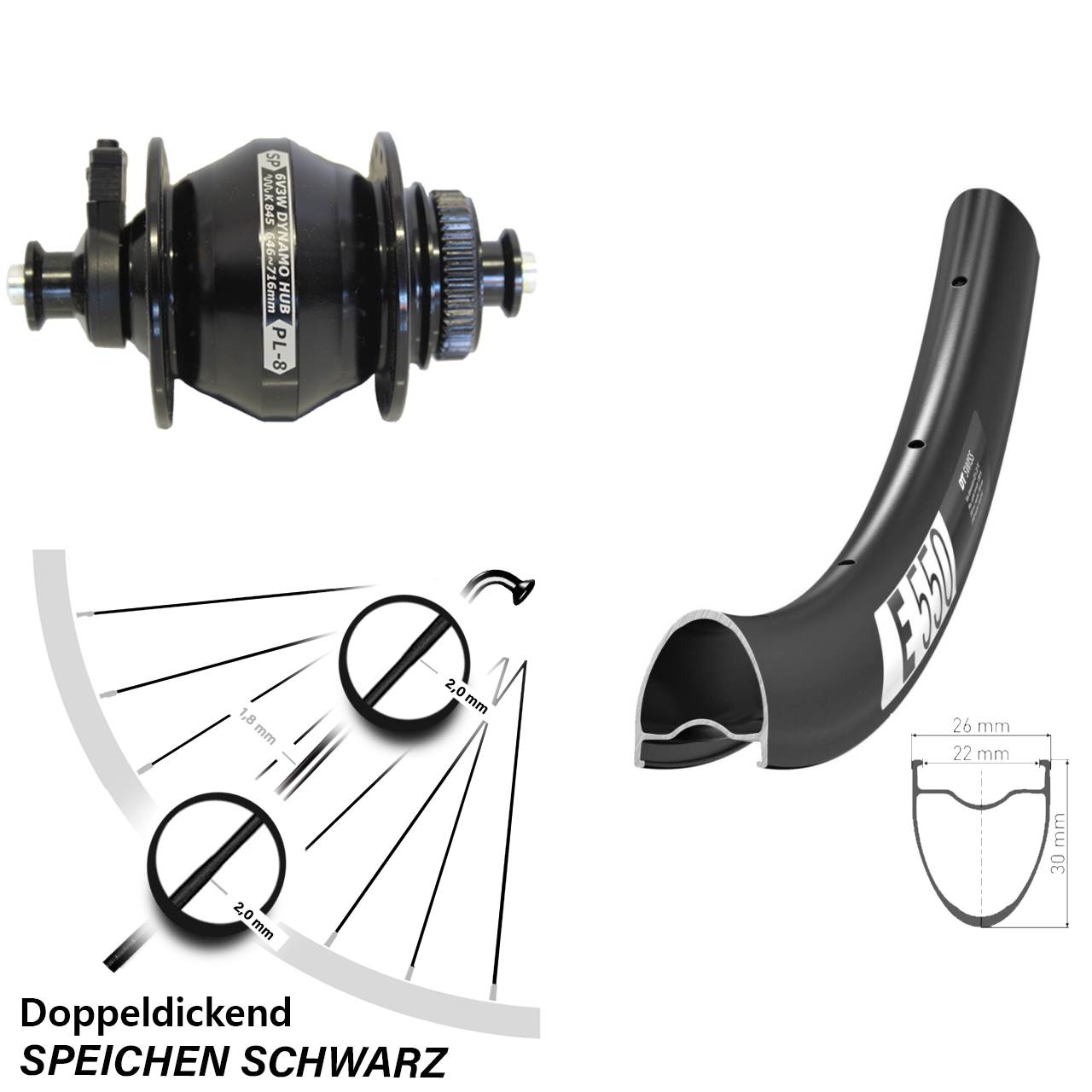 Disc Nabendynamovorderrad 28 Zoll DT Swiss E550 Shutter PL-8 für Schnellspanner