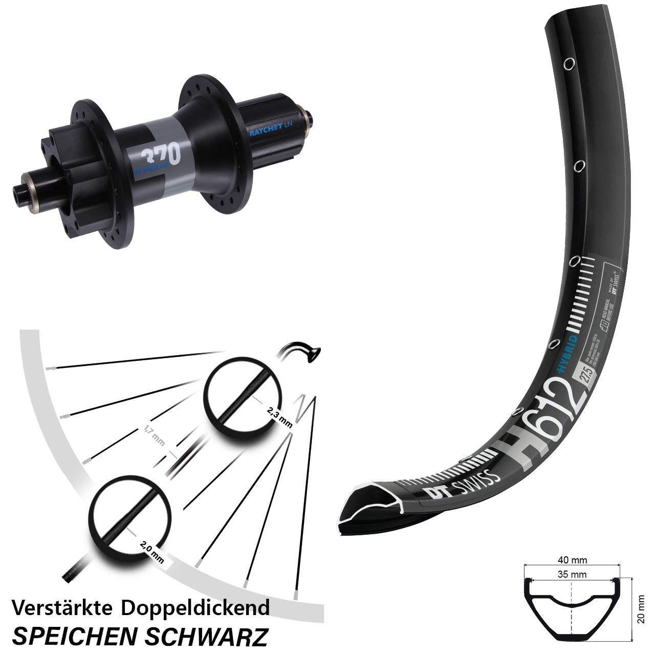 27,5 Zoll DT Swiss H 612 370 Hybrid Disc Hinterrad für Schnellspanner Boost 8-11 fach HG