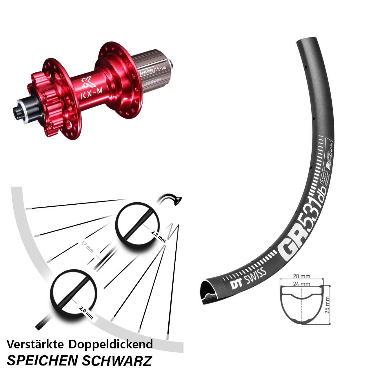 Hinterrad 6-Loch 28 Zoll DT Swiss GR 531 KX-M rot 8-12 fach HG QR