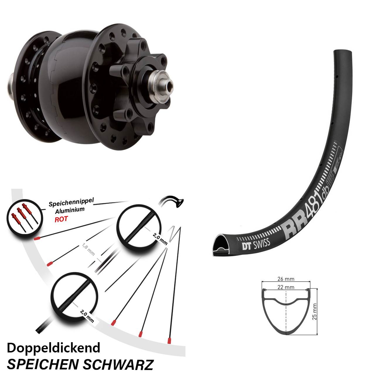 Nabendynamolaufrad SON 28 Disc 6-Loch Zoll DT Swiss RR 481 DB Schnellspanner