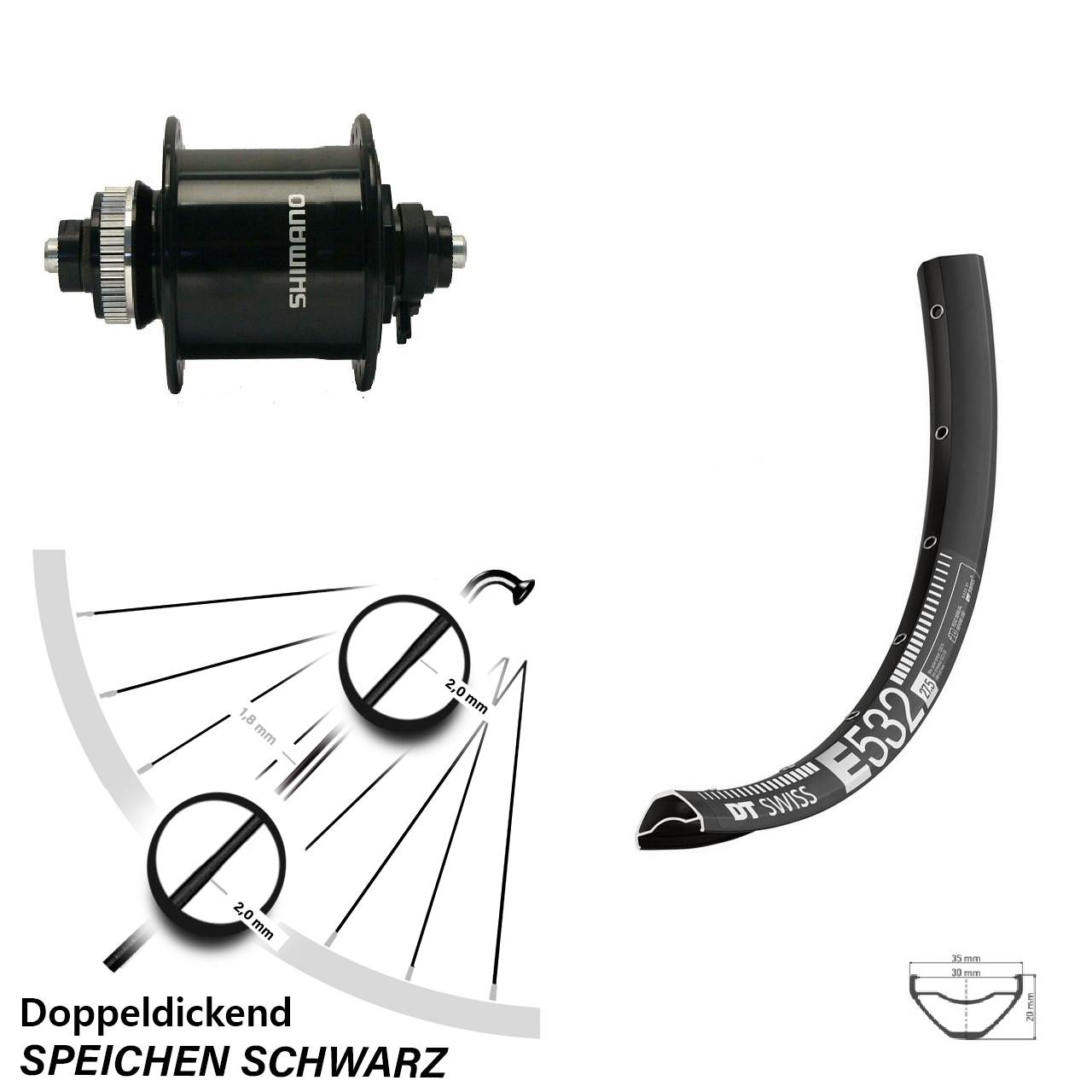 29 Zoll DT Swiss E 532 Shimano DH-UR700 Dynamo-Vorderrad Centerlock QR