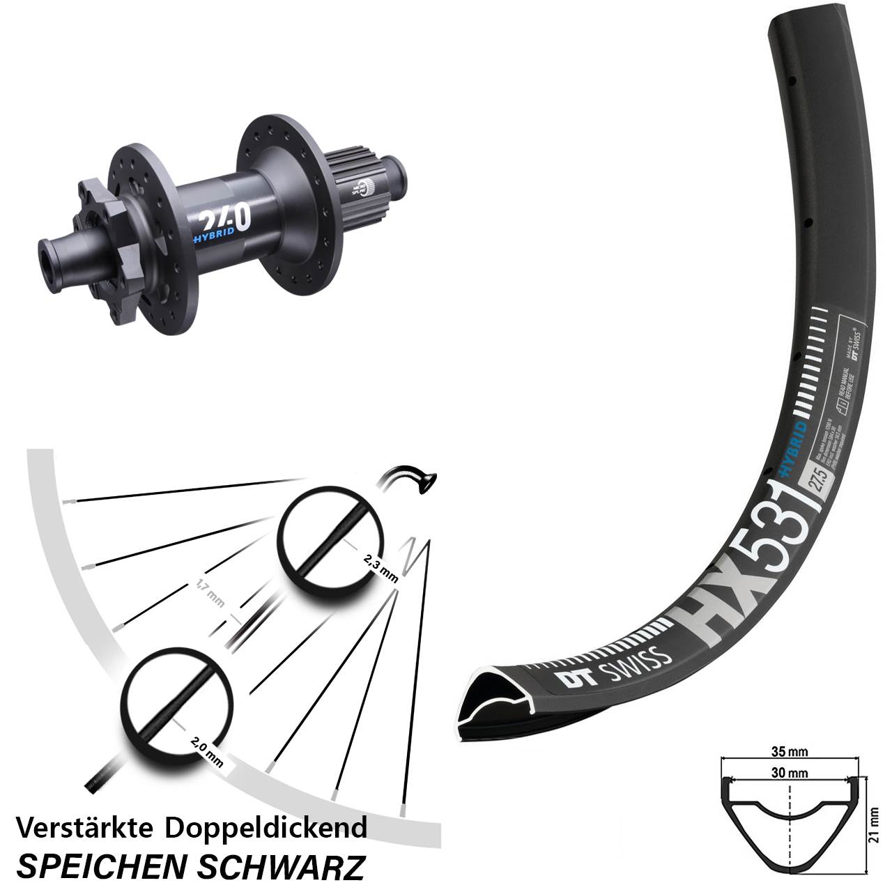 E-Bike Hinterrad 29 Zoll verstärkt HX 531 DT Swiss 240 Hybrid Boost 6-Loch Micro Spline