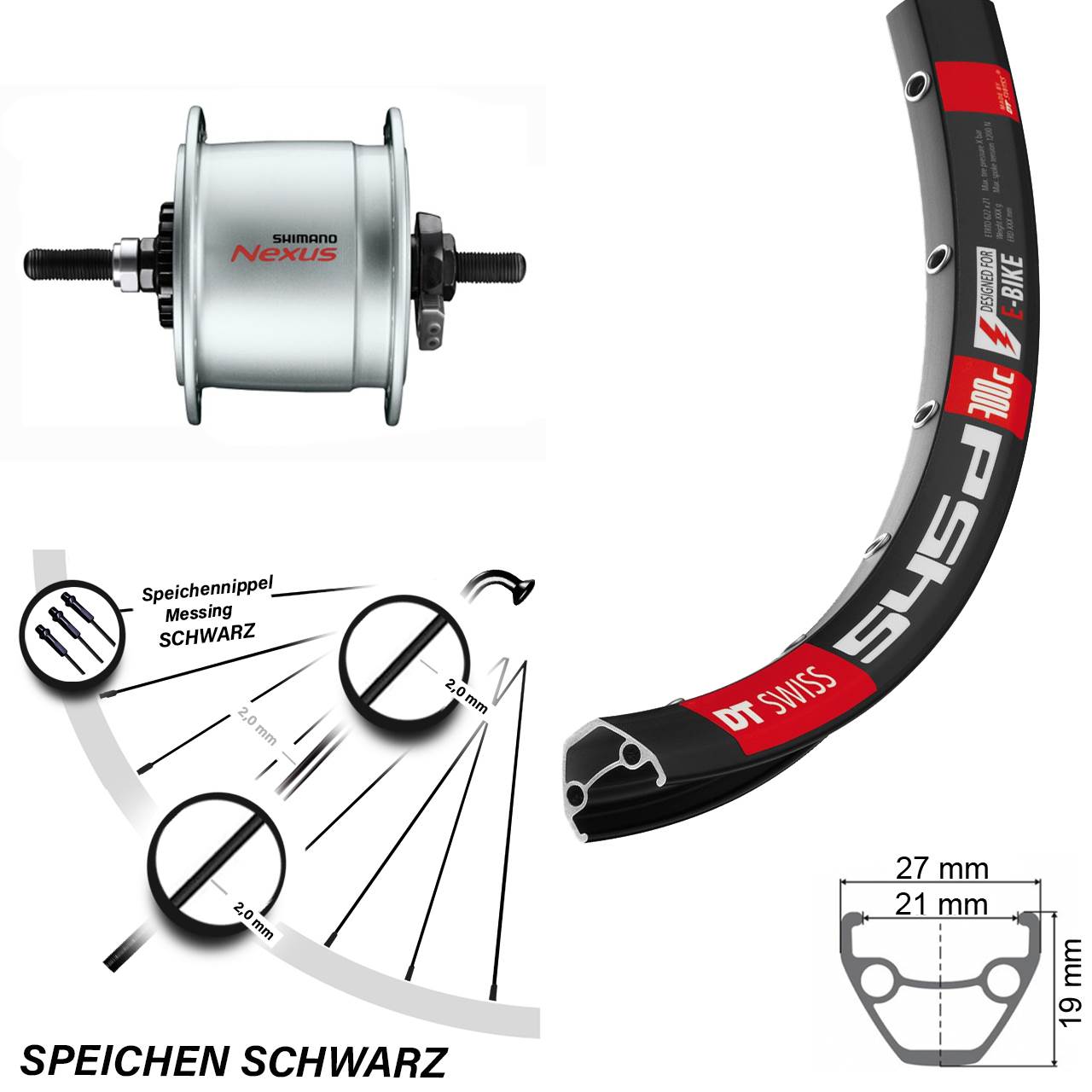 DT Swiss 545 Vorderrad 28 Zoll Shimano Nexus DH-C6000 Nabendynamo für Rollerbrake