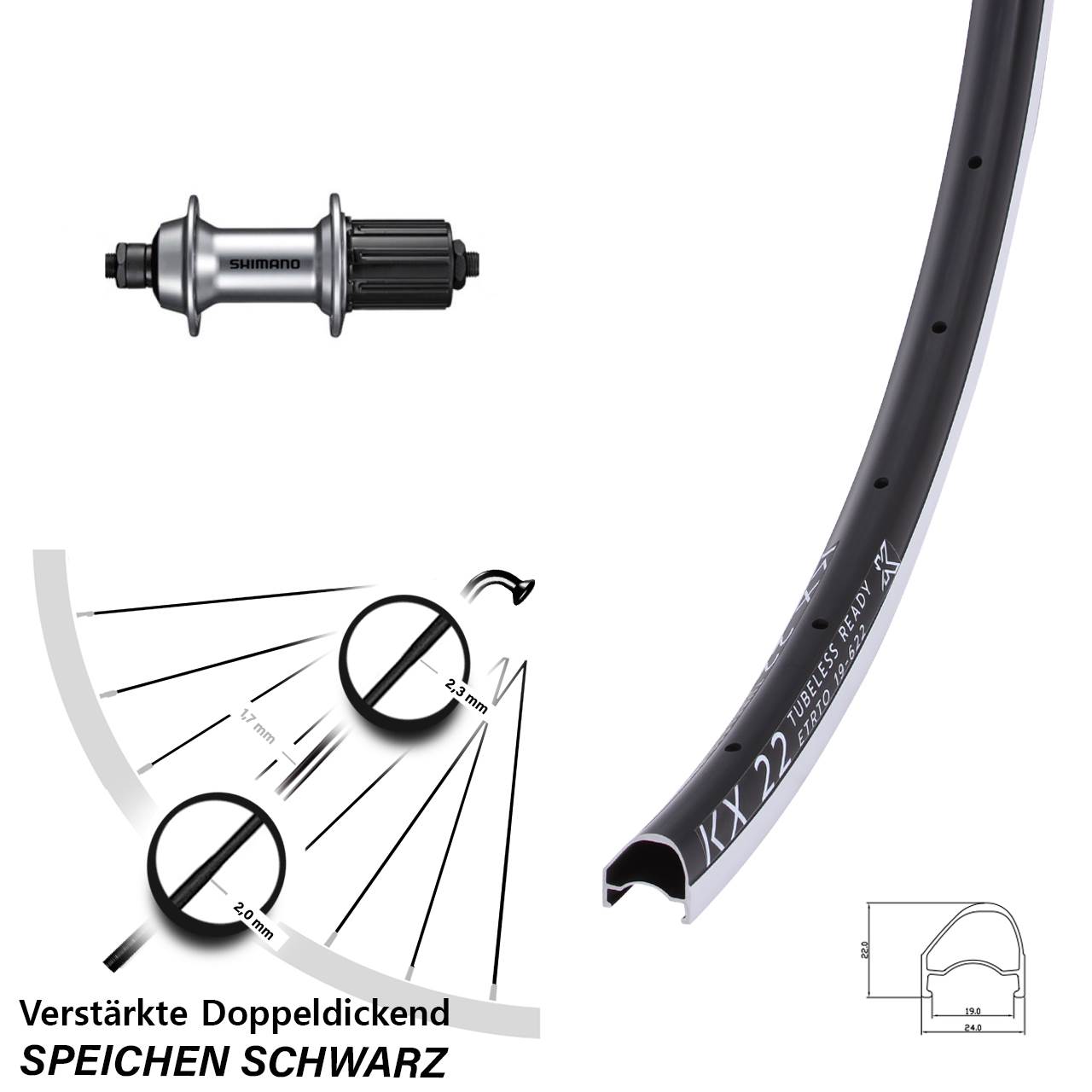 Hinterrad 28 Zoll KX 22 OS Shimano FH-RS400 8-11 fach HG für Schnellspanner