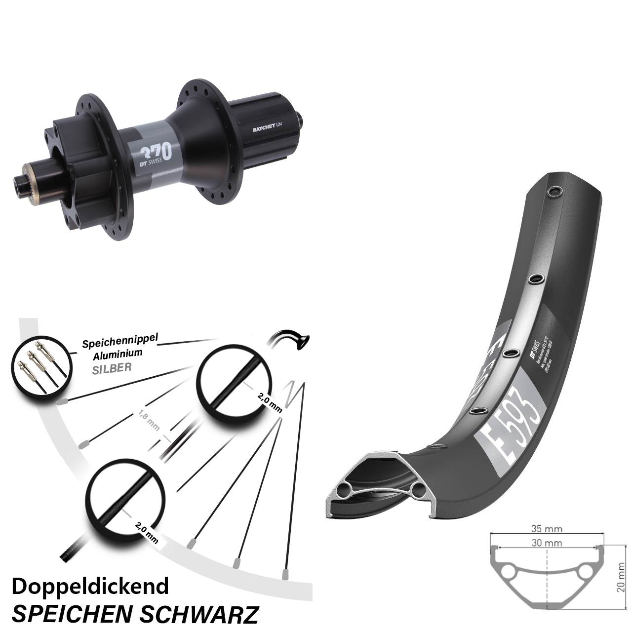 29 Zoll DT Swiss E 593 370 6-Loch Hinterrad für Schnellspanner 8-11 fach