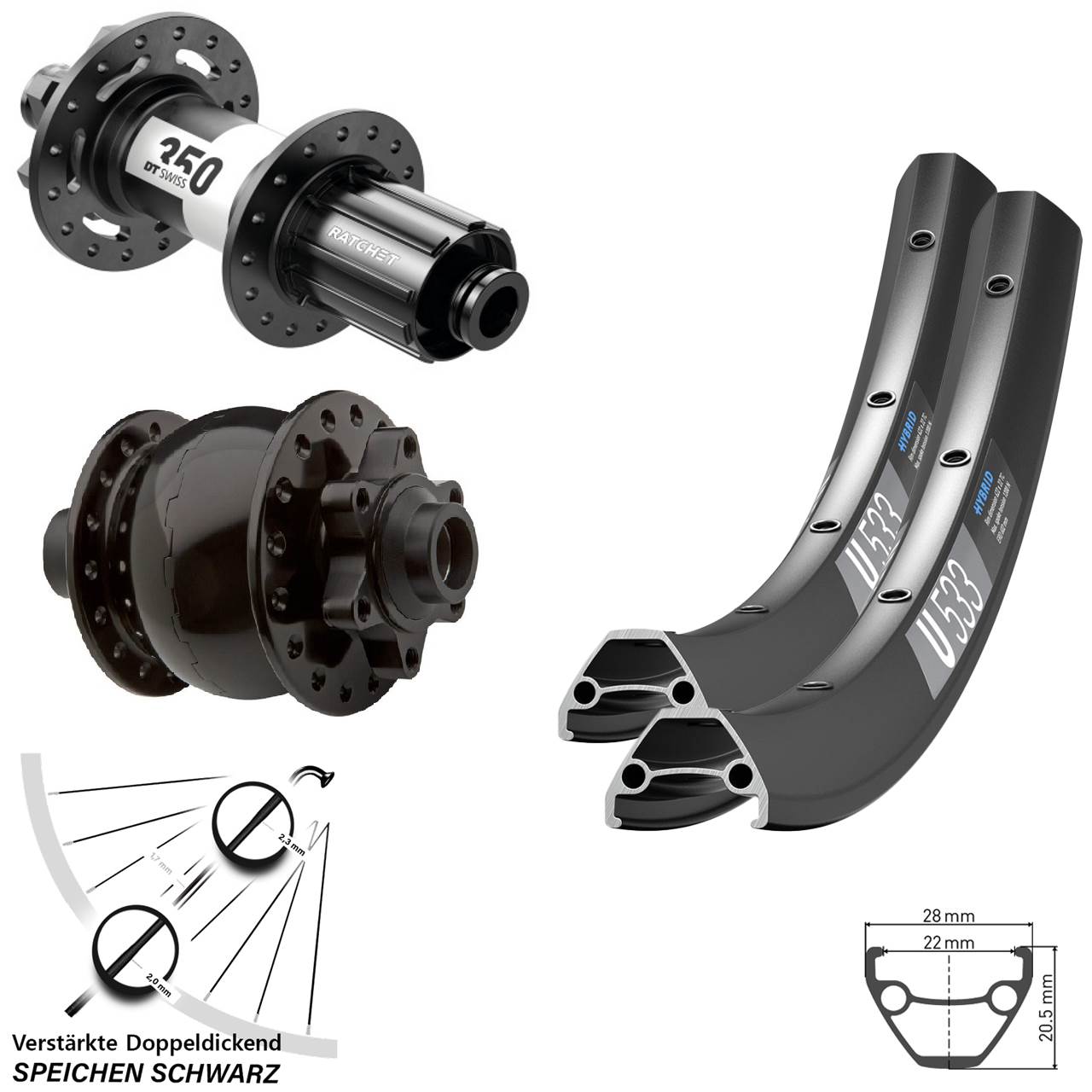 6-Loch Laufradsatz 26 Zoll DT Swiss U533-350 SON 28 8-11 fach HG 15x100 12x142