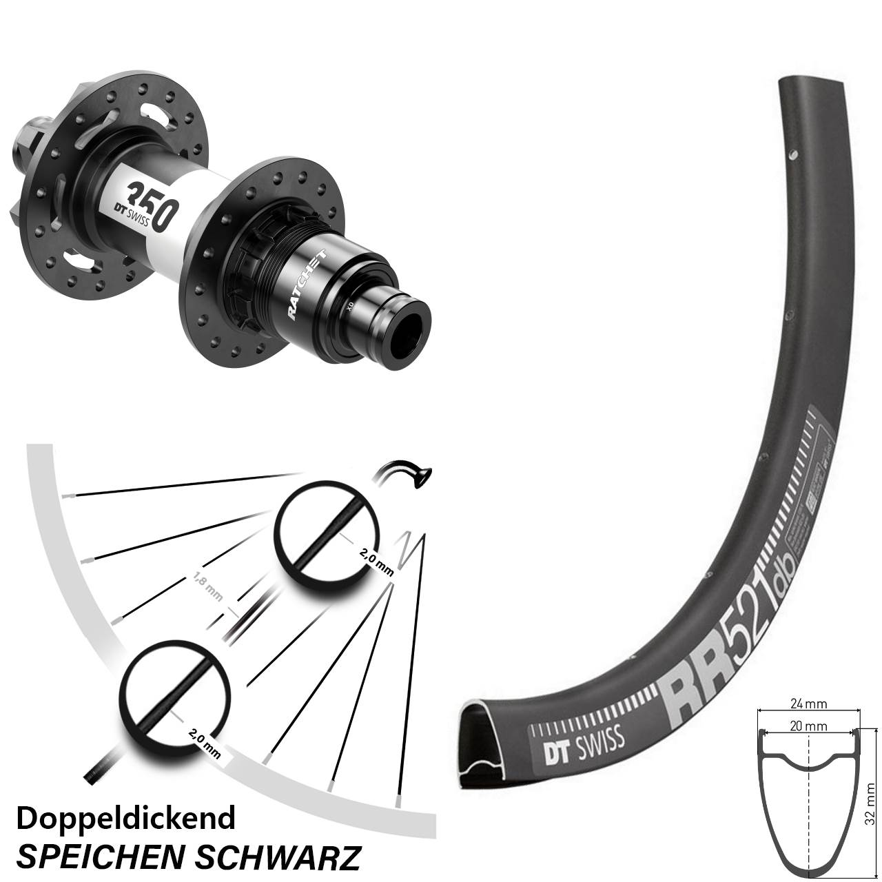 DT Swiss RR521-350 28 Zoll Disc Laufrad 12x142 SRAM XD