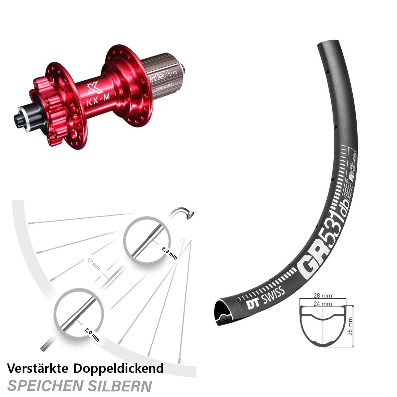 Hinterrad 6-Loch 28 Zoll DT Swiss GR 531 KX-M rot 8-12 fach HG QR