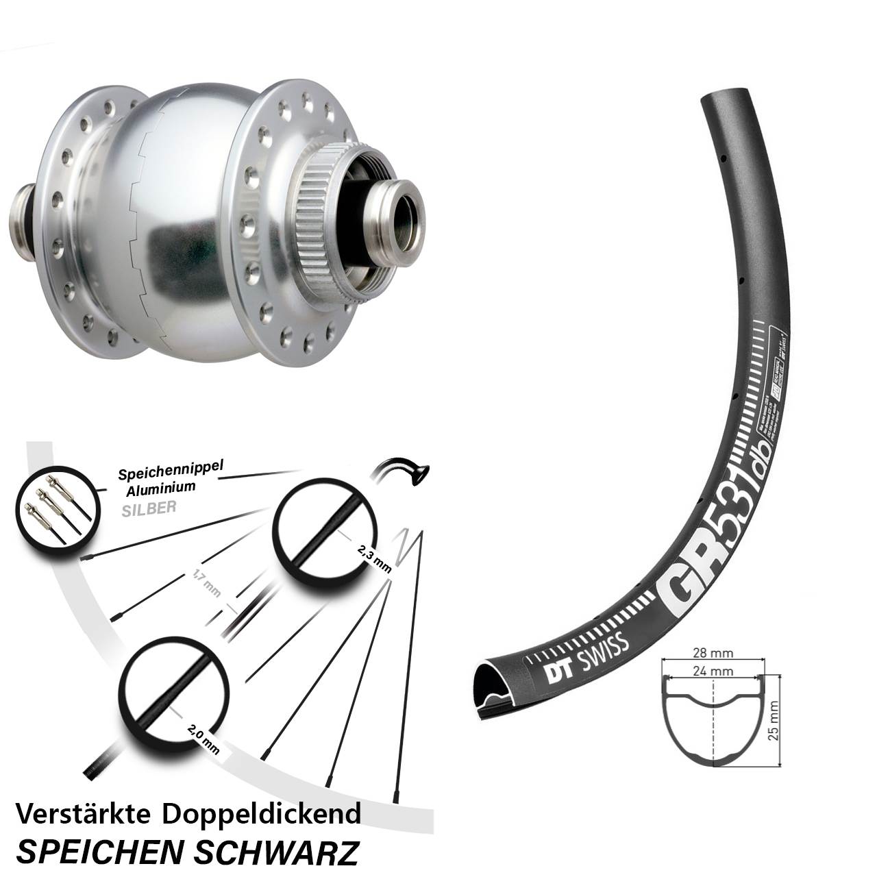 Vorderrad 12x100 mm DT Swiss GR 531 DB Gravel SON 28 Disc Centerlock Steckachse