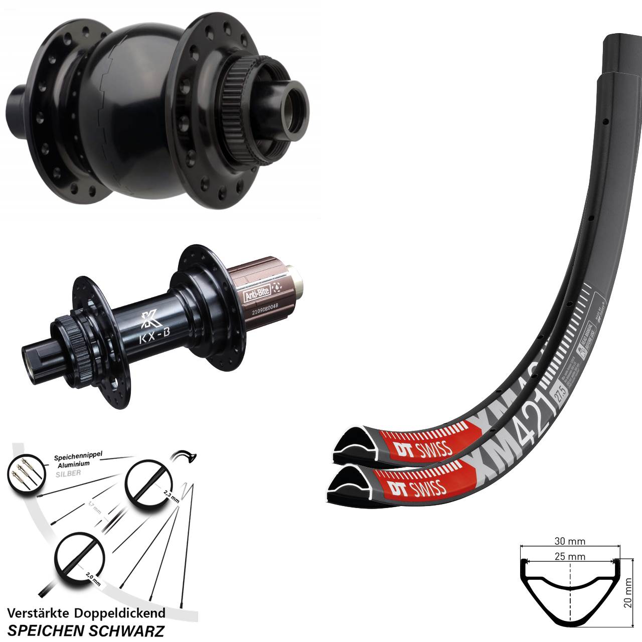 27,5 Zoll DT Swiss XM421 KX-B SON 28 Disc Laufrad-Satz 15x110 12x148 8-12 fach