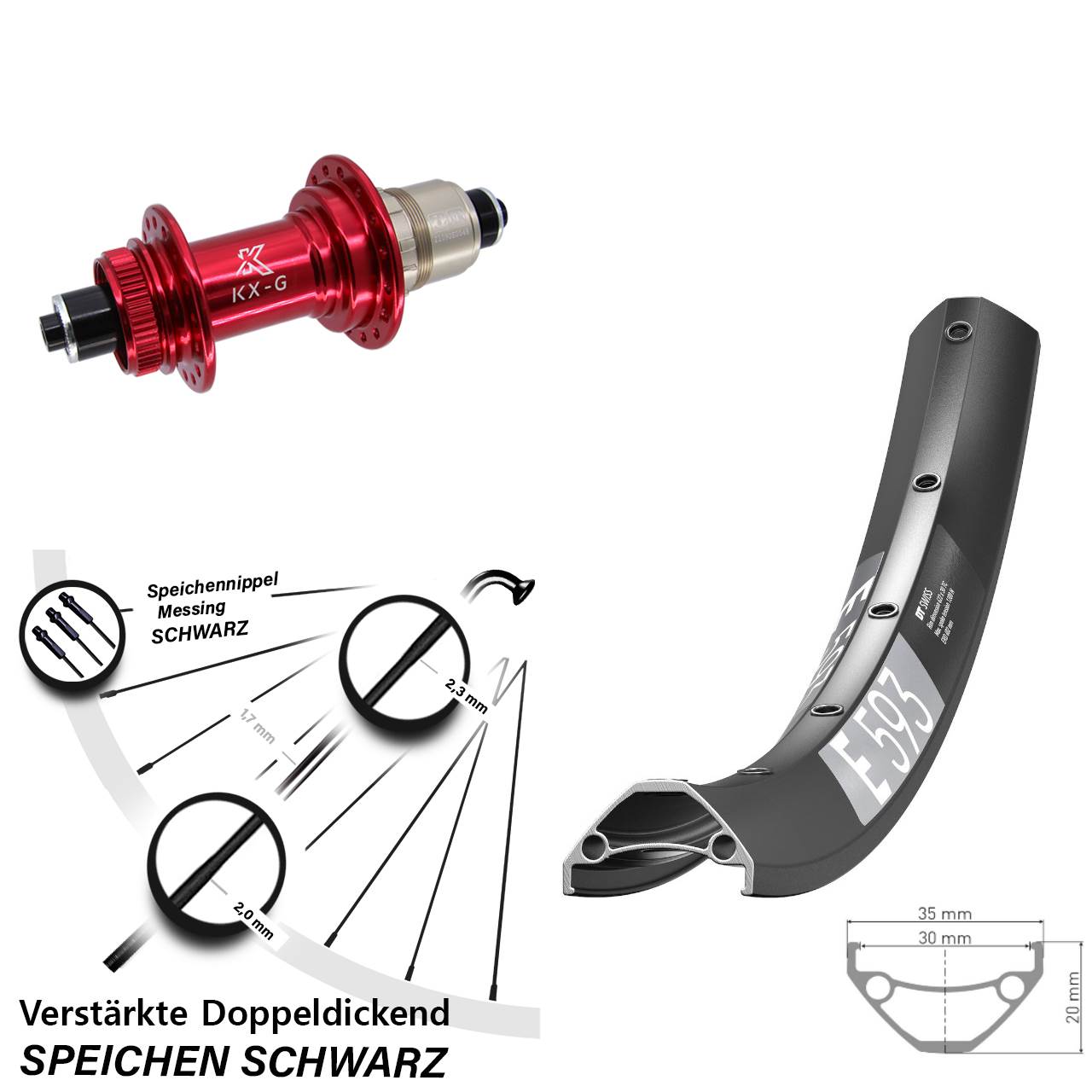 27,5 Zoll DT Swiss E 593 KX-G rot Disc Hinterrad QR XDR