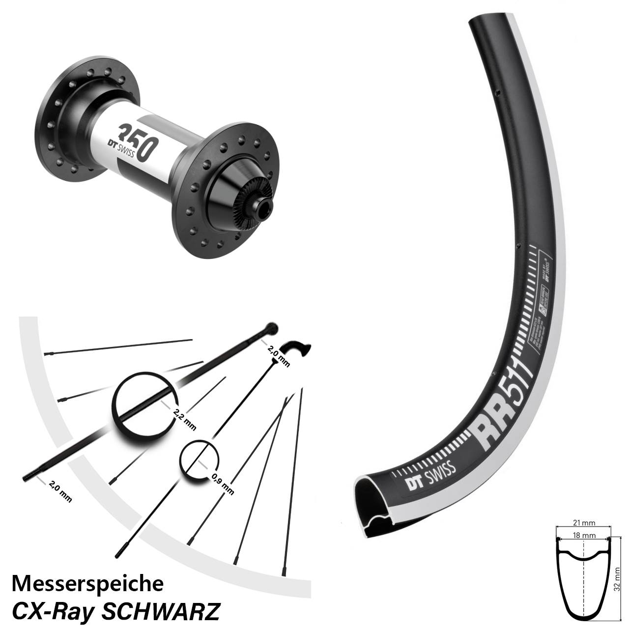 28 Zoll DT Swiss RR511-350 Vorderrad CX-Ray