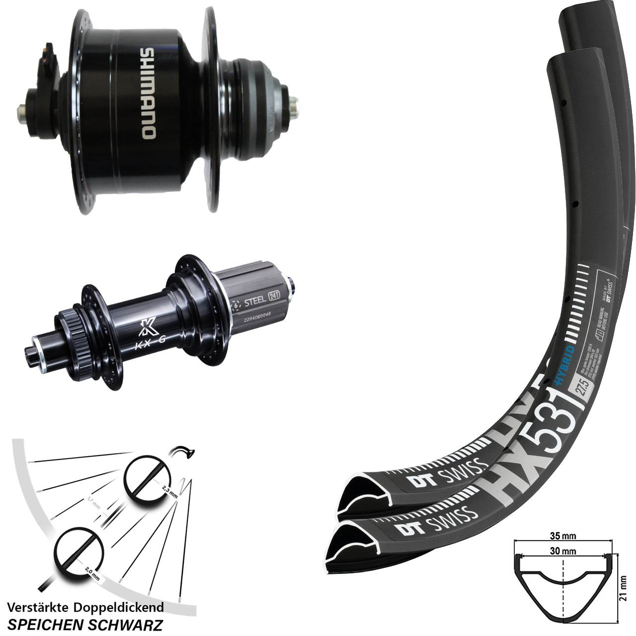 29 Zoll DT Swiss HX531 KX-GS Heavy Duty Shimano DH-3D72 Centerlock Laufradsatz für Schnellspanner 8-12 fach