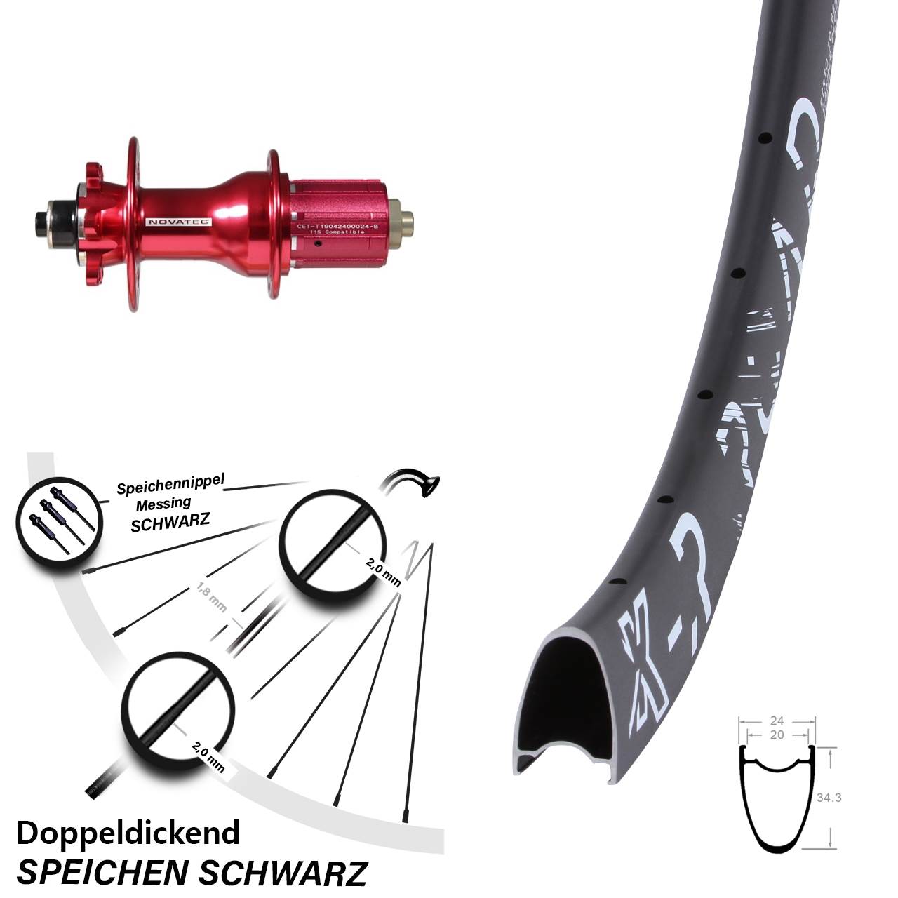 Novatec D792SB rot 35 mm Hochprofil KX-R Road Hinterrad 28-29 Zoll 6-Loch QR135 8-12 fach