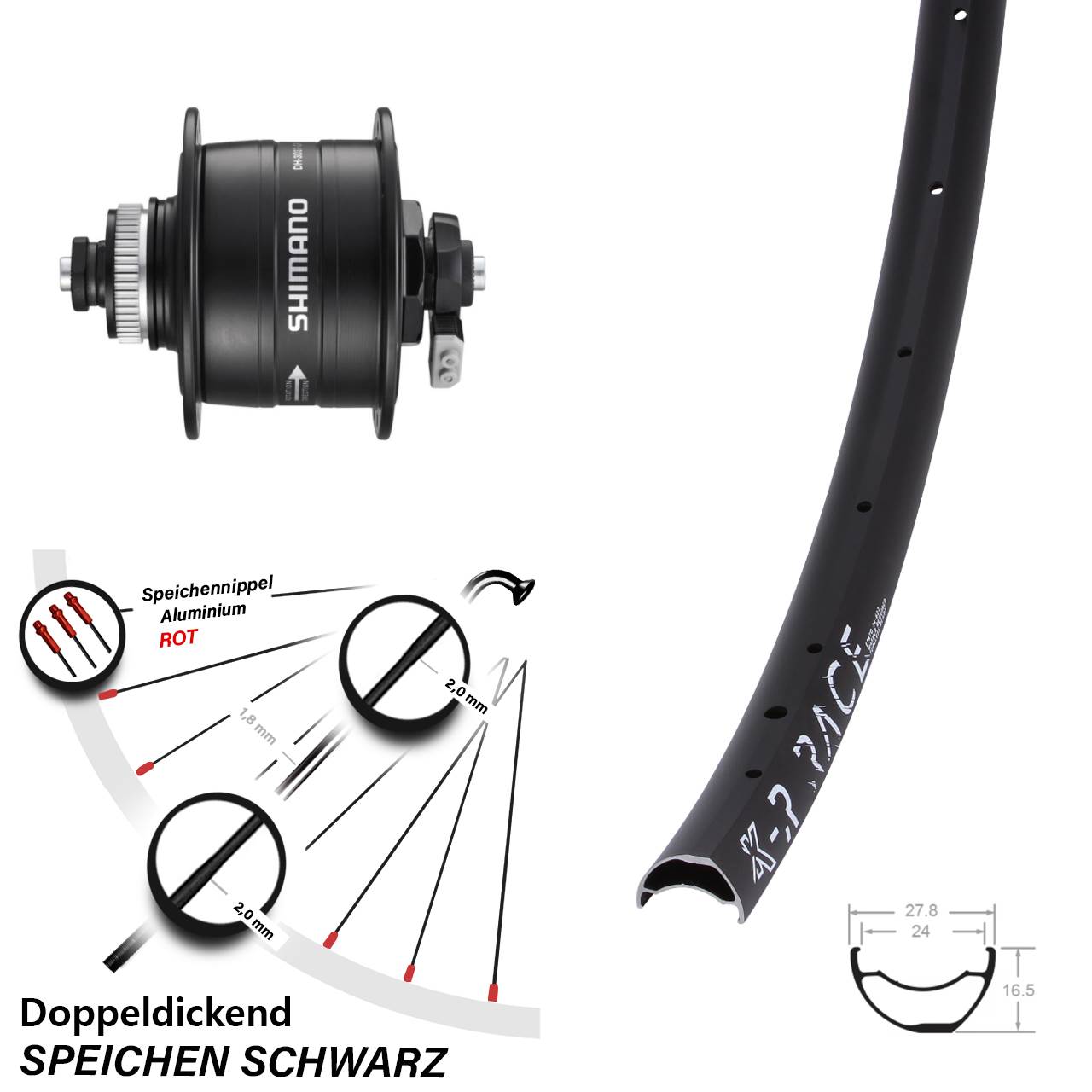 29 Zoll KX-R Race Shimano DH-3D37 Centerlock Vorderrad mit Nabendynamo für Schnellspanner