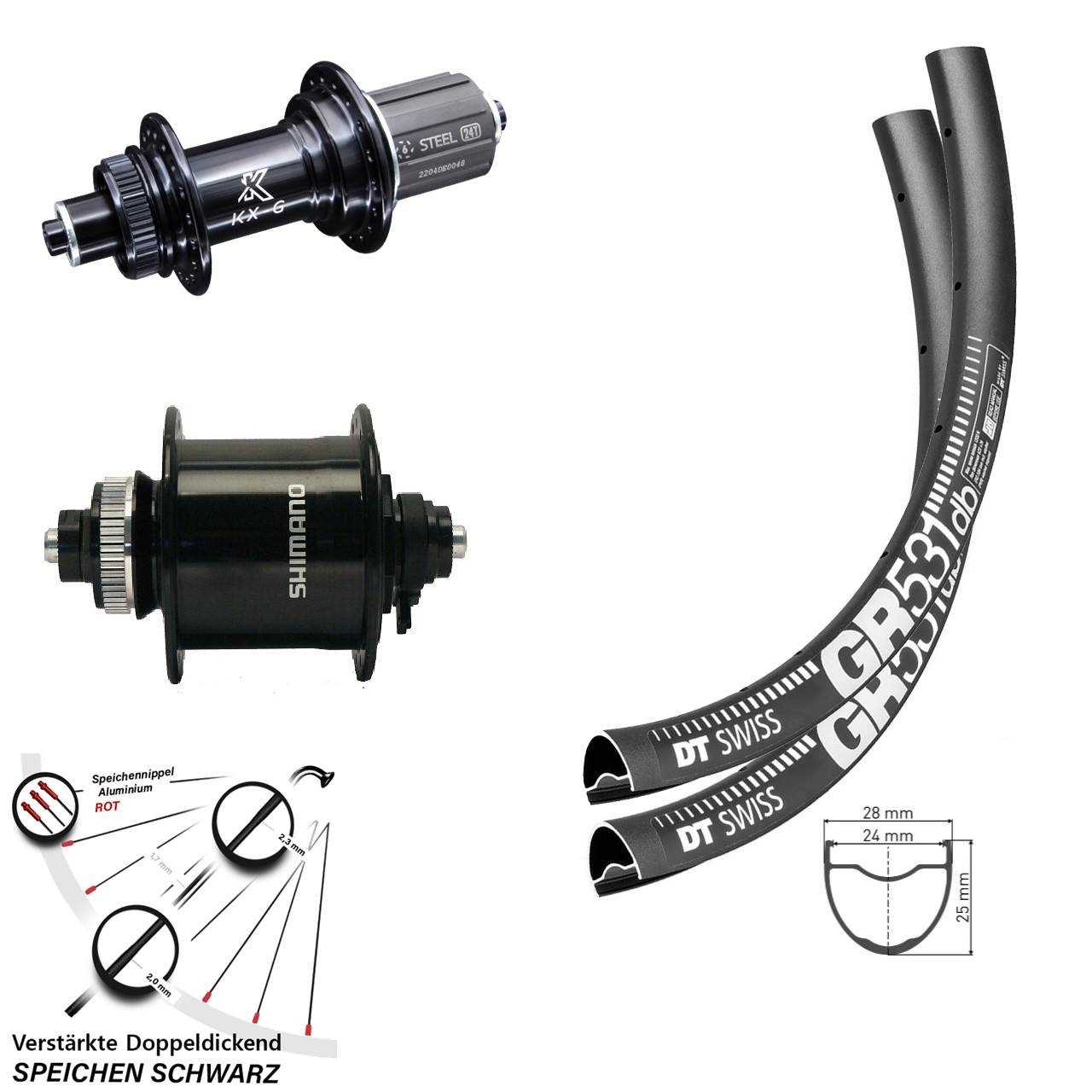 Laufradsatz Gravel DT Swiss GR 531 Dynamo Shimano DH-UR 700-3D KX-GS verstärkt