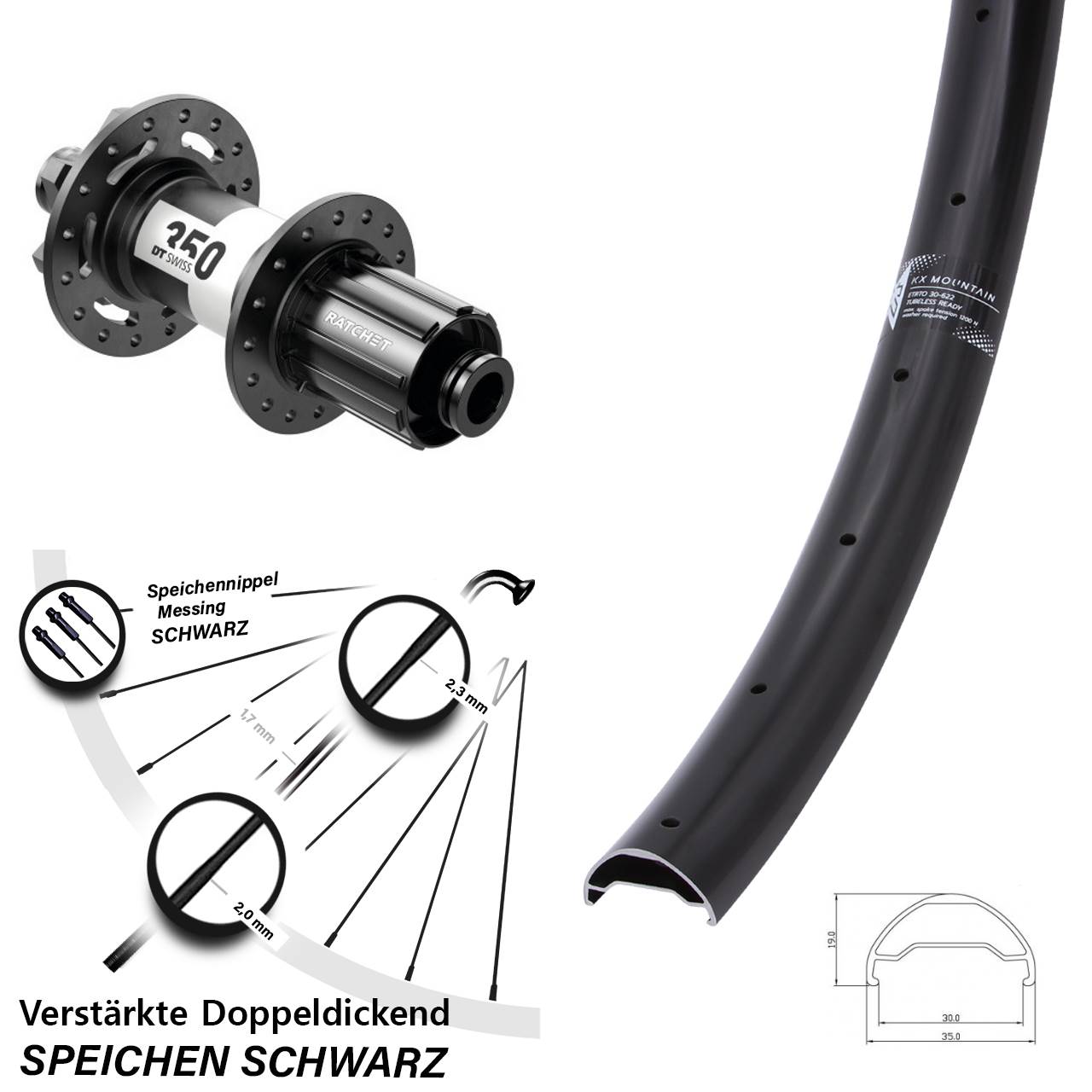 29 Zoll KX Mountain TR DT Swiss 350 Ratchet 36 Hinterrad 6-Loch 12x148 8-11 fach