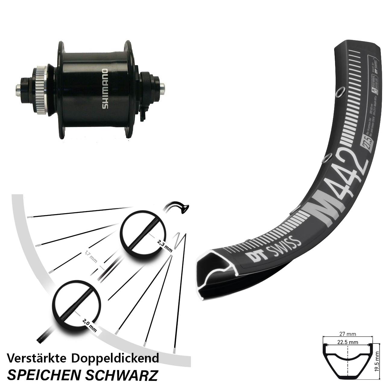 Nabendynamo-Vorderrad Centerlock 29 Zoll DT Swiss M442 Shimano DH-UR700 QR