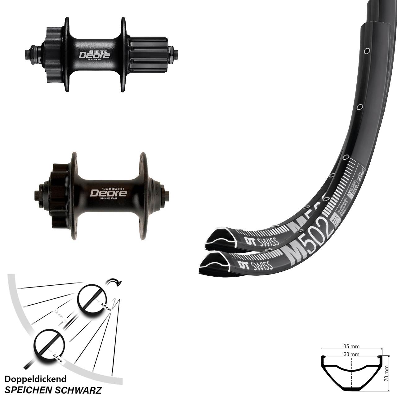 DT Swiss M502 Shimano Deore HB-M525 FH-M525 29 Zoll Disc Laufradsatz QR 8-11 fach HG