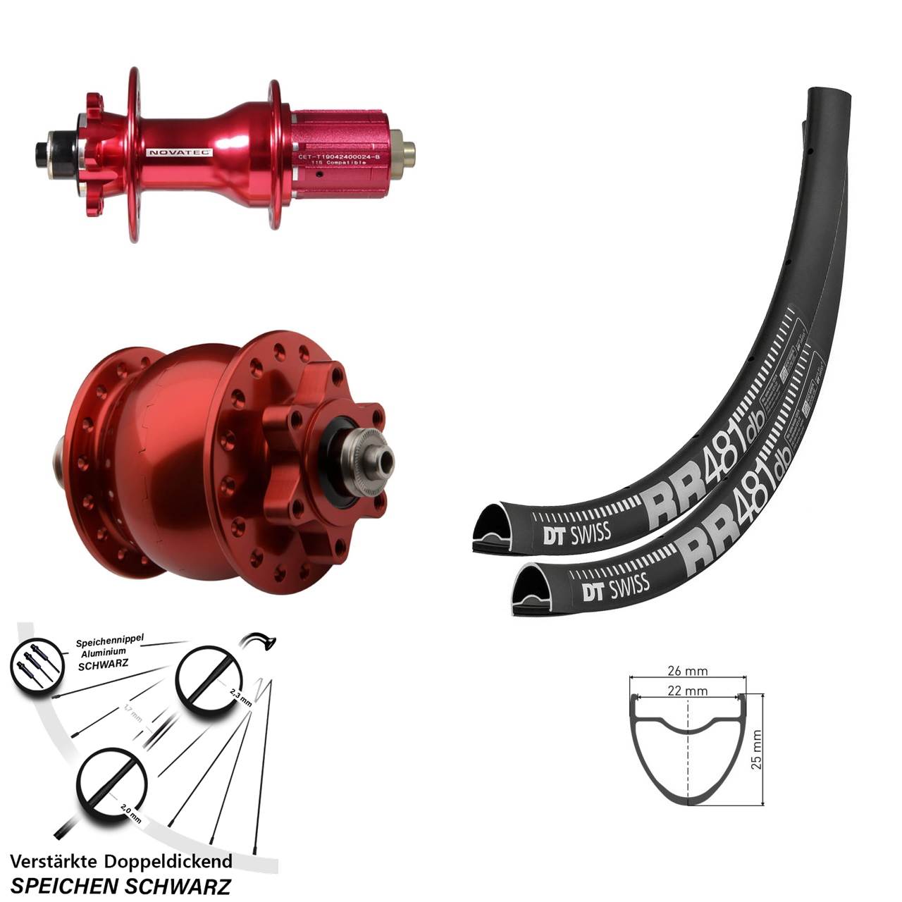 Laufradsatz SON 28 Zoll DT Swiss RR481 Novatec D792SB Disc 6-Loch rot 8-12 fach QR