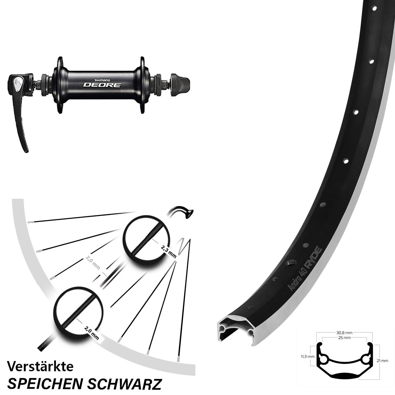 Ryde Andra 40 28 Zoll Vorderrad Shimano Deore verstärkt schwarz