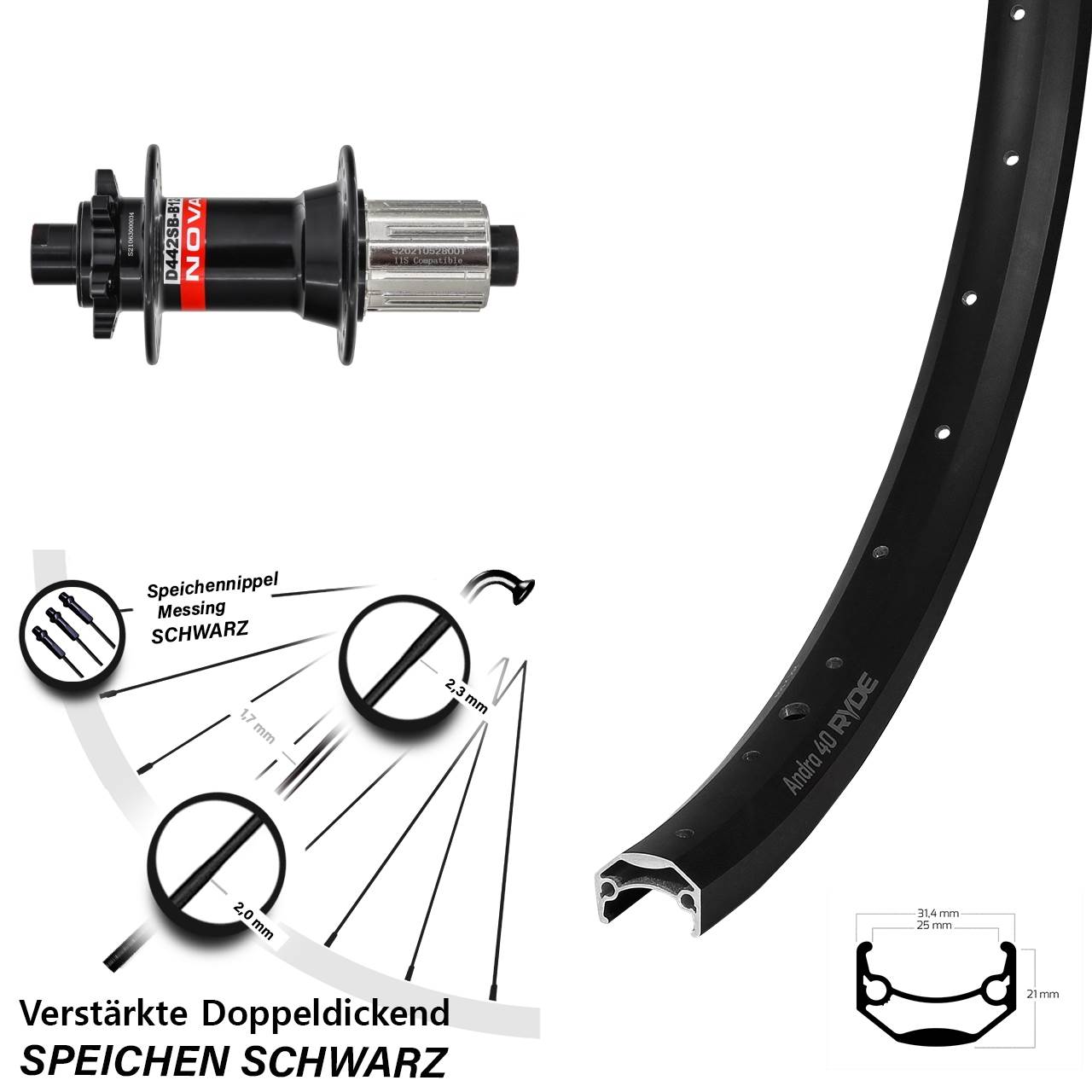 Hinterrad 6-Loch 20 Zoll Ryde Andra 40 Disc Novatec D442 8-12 fach 12x148 Boost