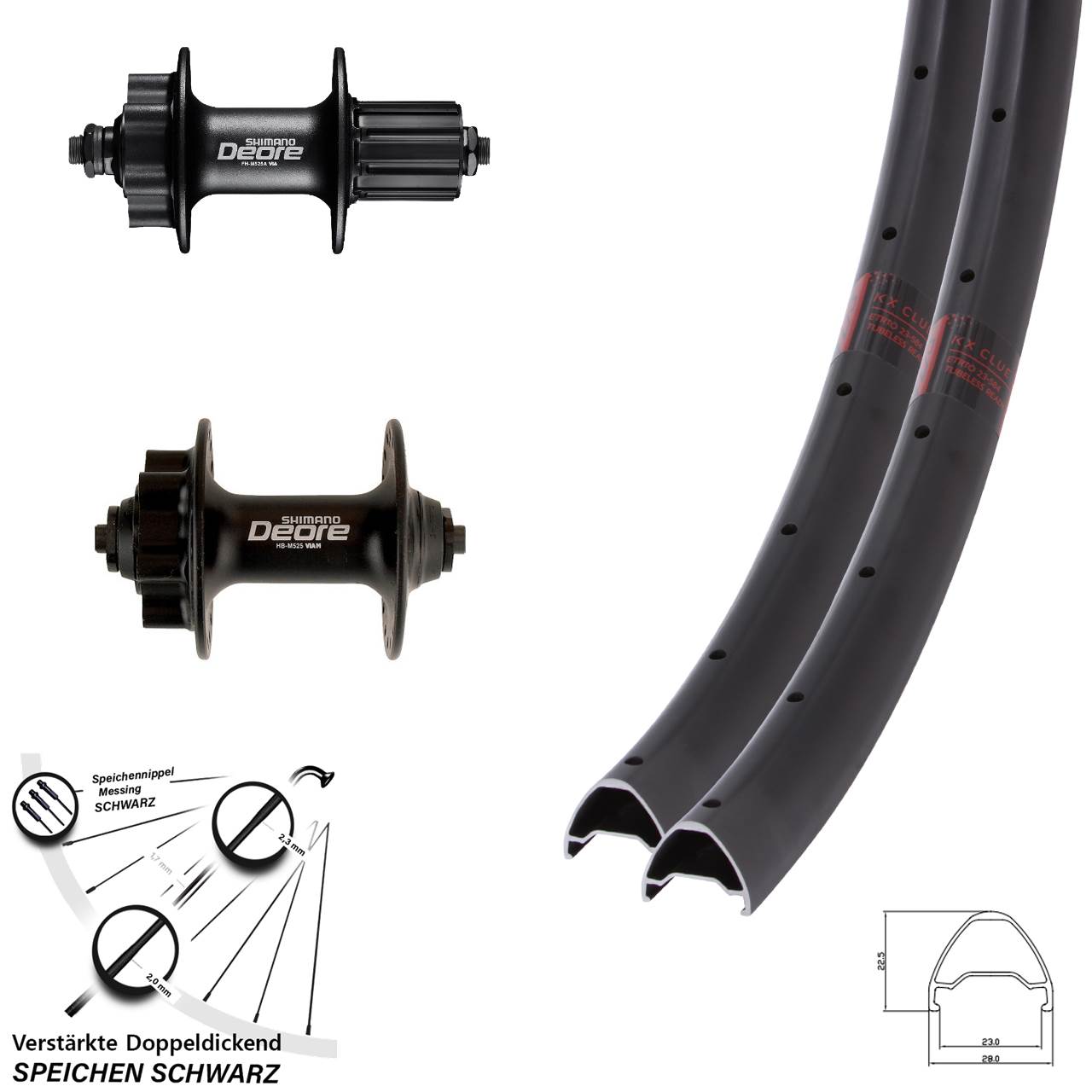 6-Loch Laufradsatz QR 27,5 Zoll KX Clue Shimano Deore HB-M525 FH-M525 8-11 fach