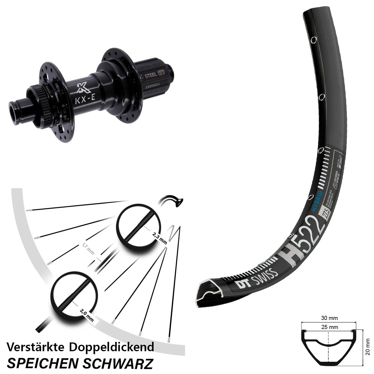 Disc Hinterrad 27,5 Zoll DT Swiss H 522 KX-E Stahl Freilauf 8-12 fach 12x148 Boost