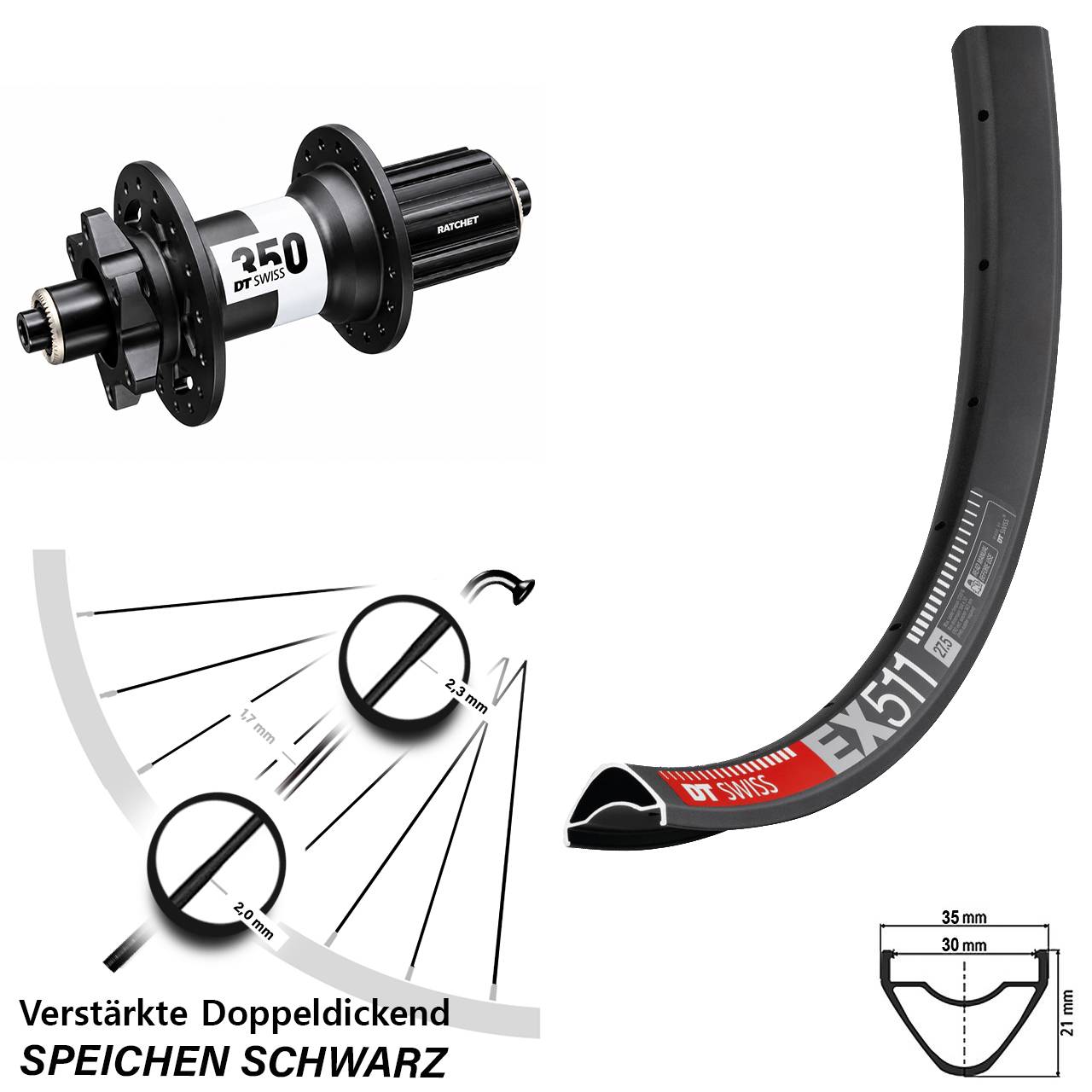 Hinterrad 6-Loch 29 Zoll DT Swiss EX511-350 Ratchet 36 8-11 fach für Schnellsp.