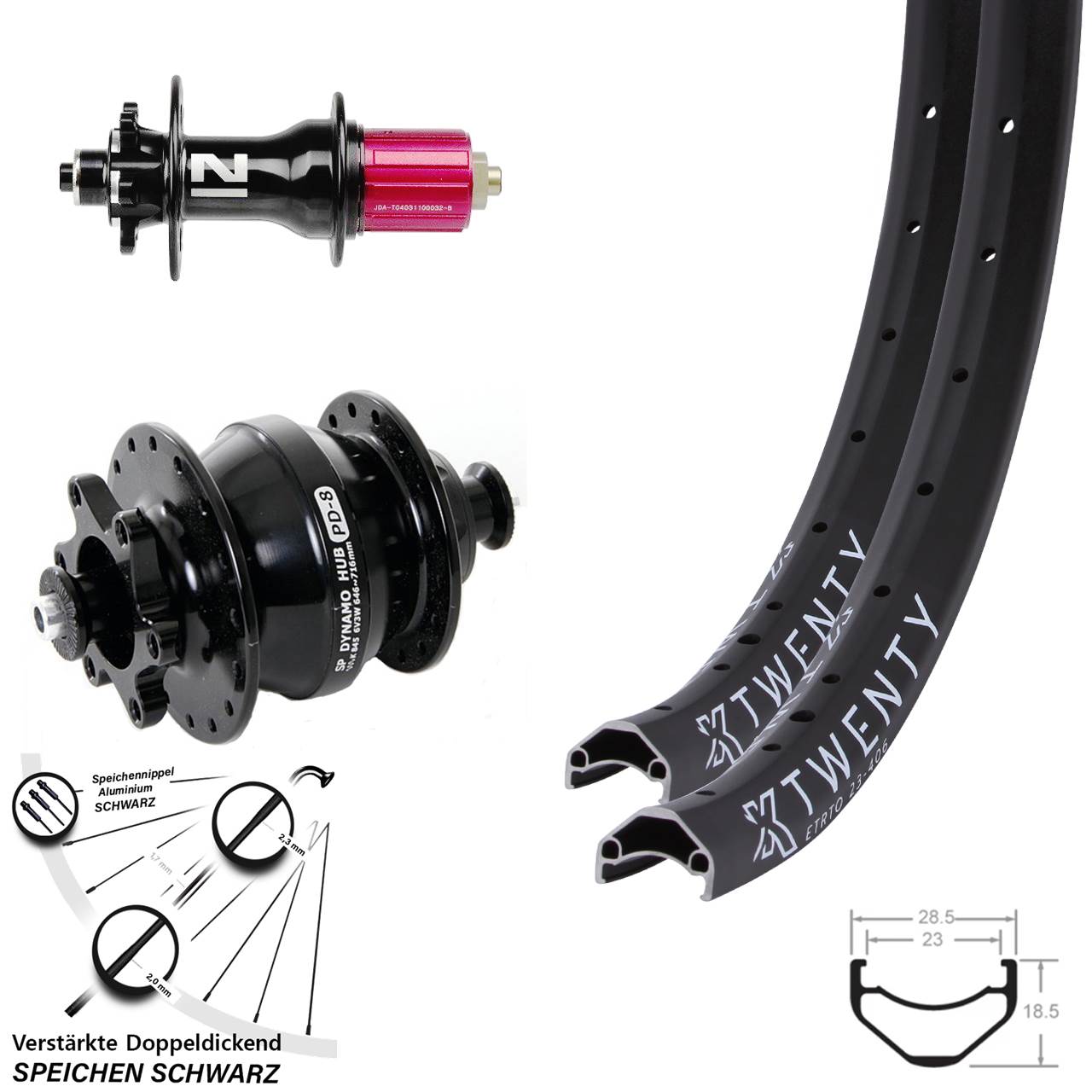 Laufradsatz 20 Zoll KX Twenty 6-Loch 5x100/135 Novatec D792SB SP PD-8 Dynamo HG 8-12 fach