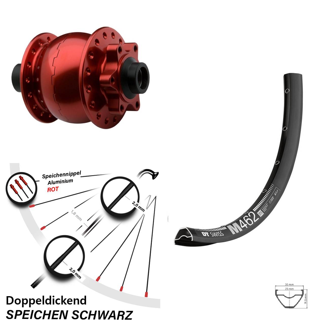 SON 28 rot DT Swiss M462 650B 6-Loch Nabendynamo-Vorderrad 15x100