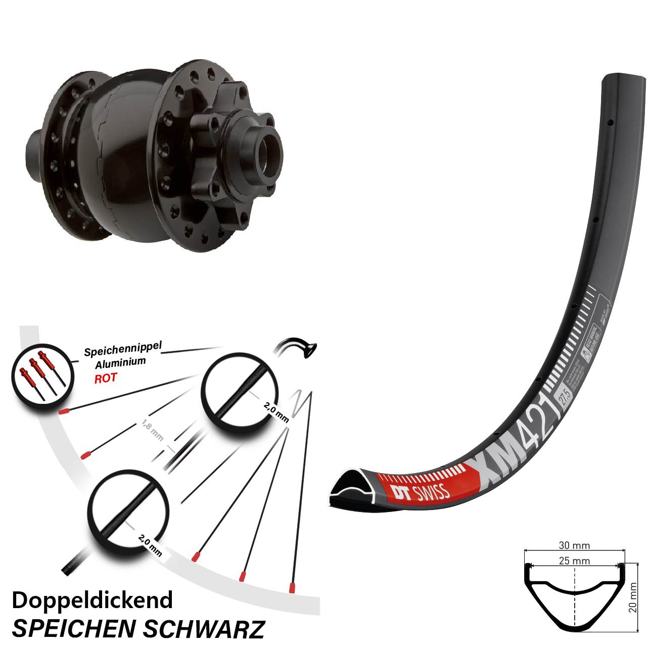 Vorderes Laufrad 6-Loch 29 Zoll DT Swiss XM 421 Steckachse 15x100 mm SON 28-15 Nabendynamo